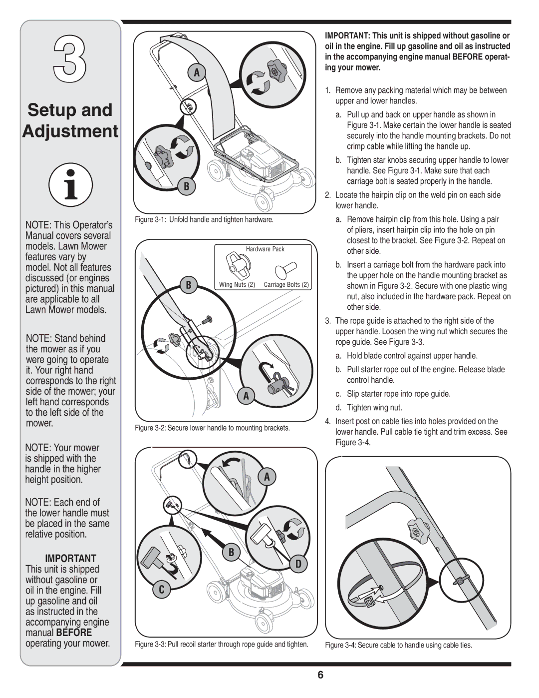 Troy-Bilt 420 warranty Setup Adjustment, Unfold handle and tighten hardware 