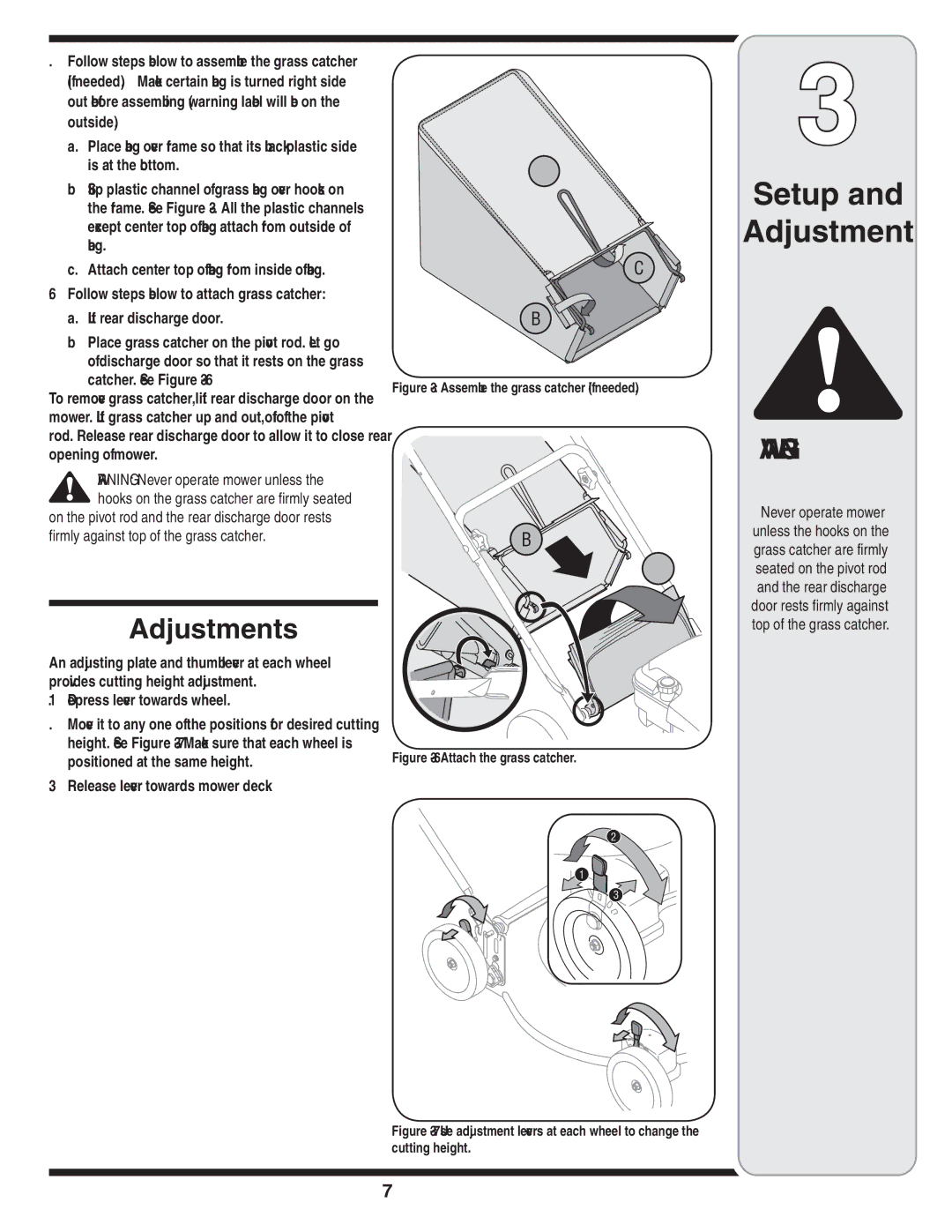 Troy-Bilt 420 warranty Adjustments, Never operate mower 