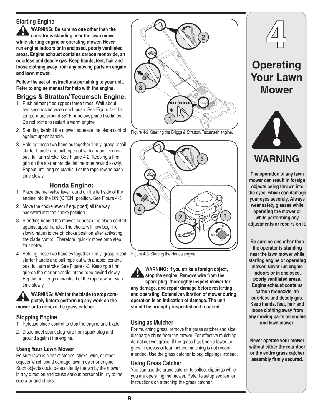 Troy-Bilt 420 Starting Engine, Briggs & Stratton/ Tecumseh Engine, Honda Engine, Stopping Engine, Using Your Lawn Mower 