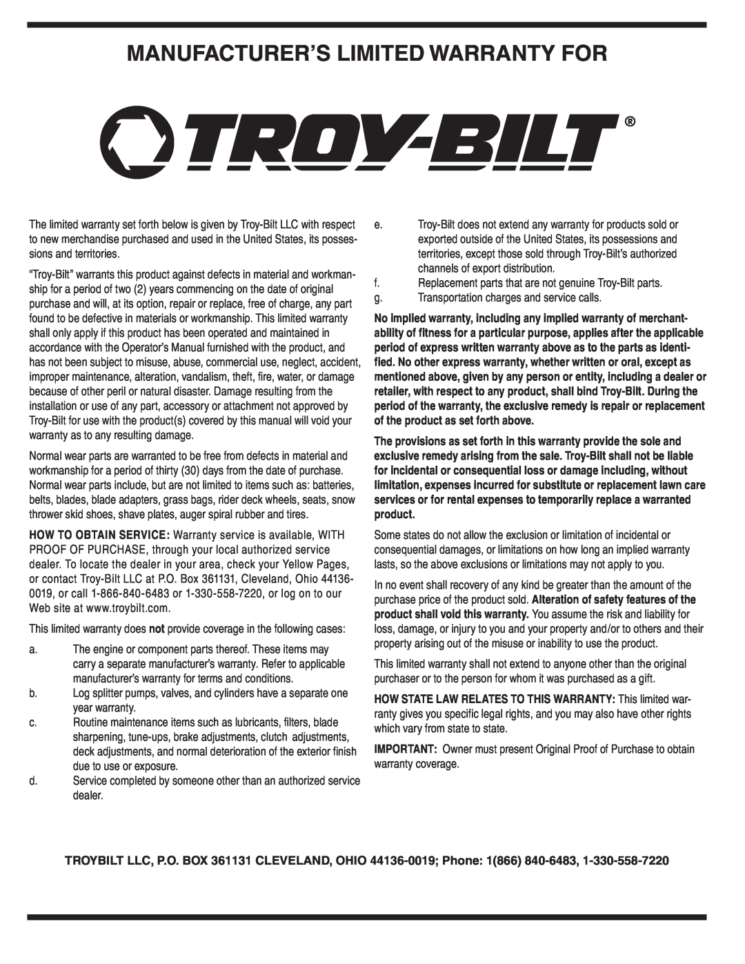 Troy-Bilt 420 warranty Manufacturer’S Limited Warranty For 