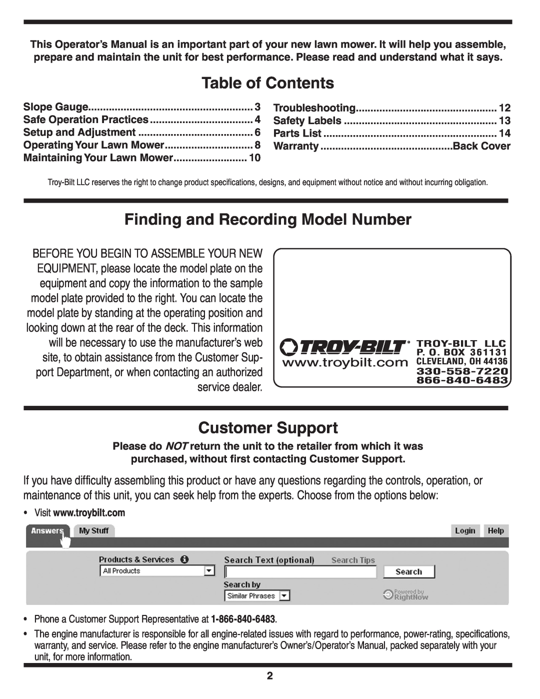Troy-Bilt 420 warranty Table of Contents, Finding and Recording Model Number, Customer Support, service dealer 