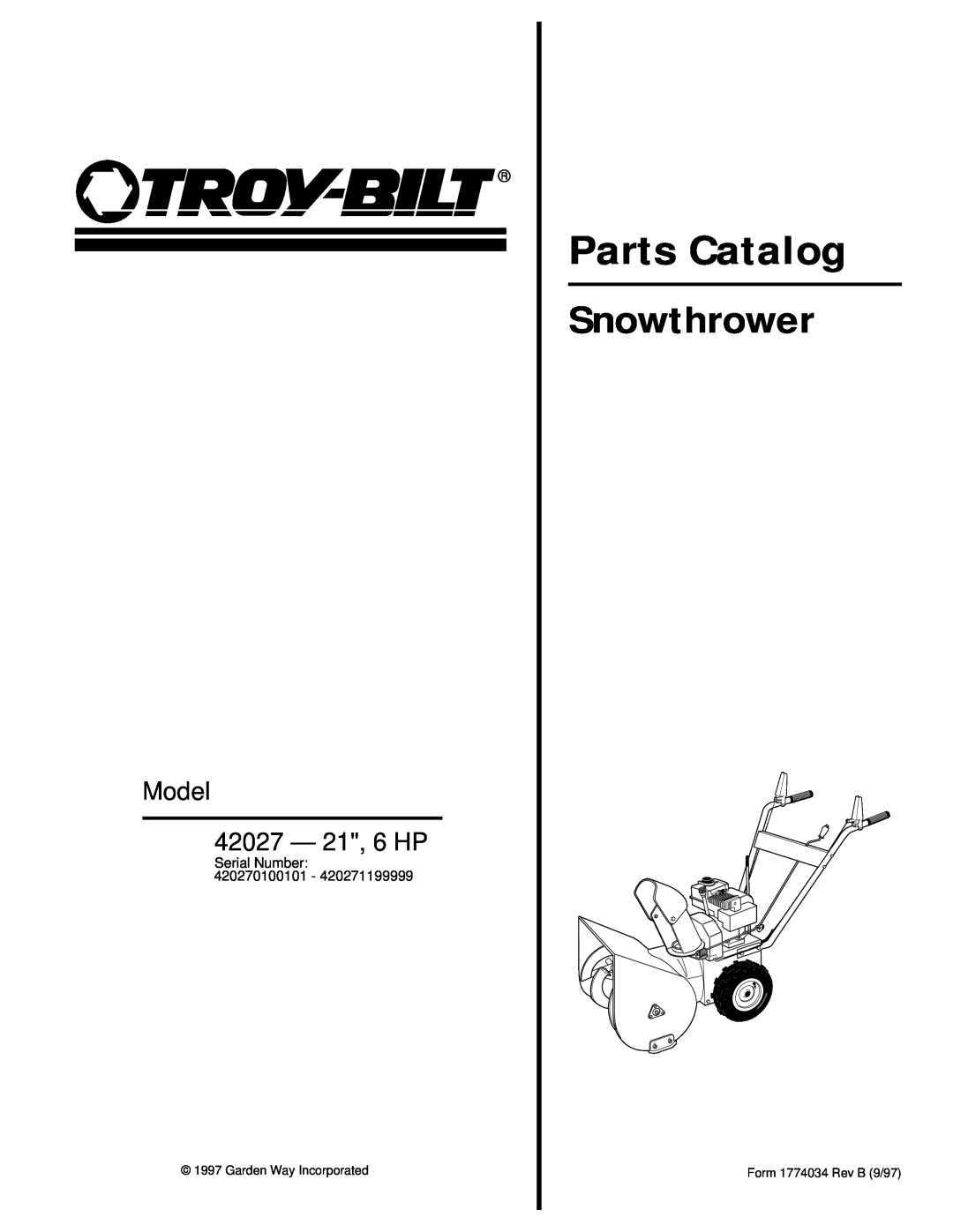 Troy-Bilt manual Parts Catalog, Snowthrower, Model 42027 - 21, 6 HP 