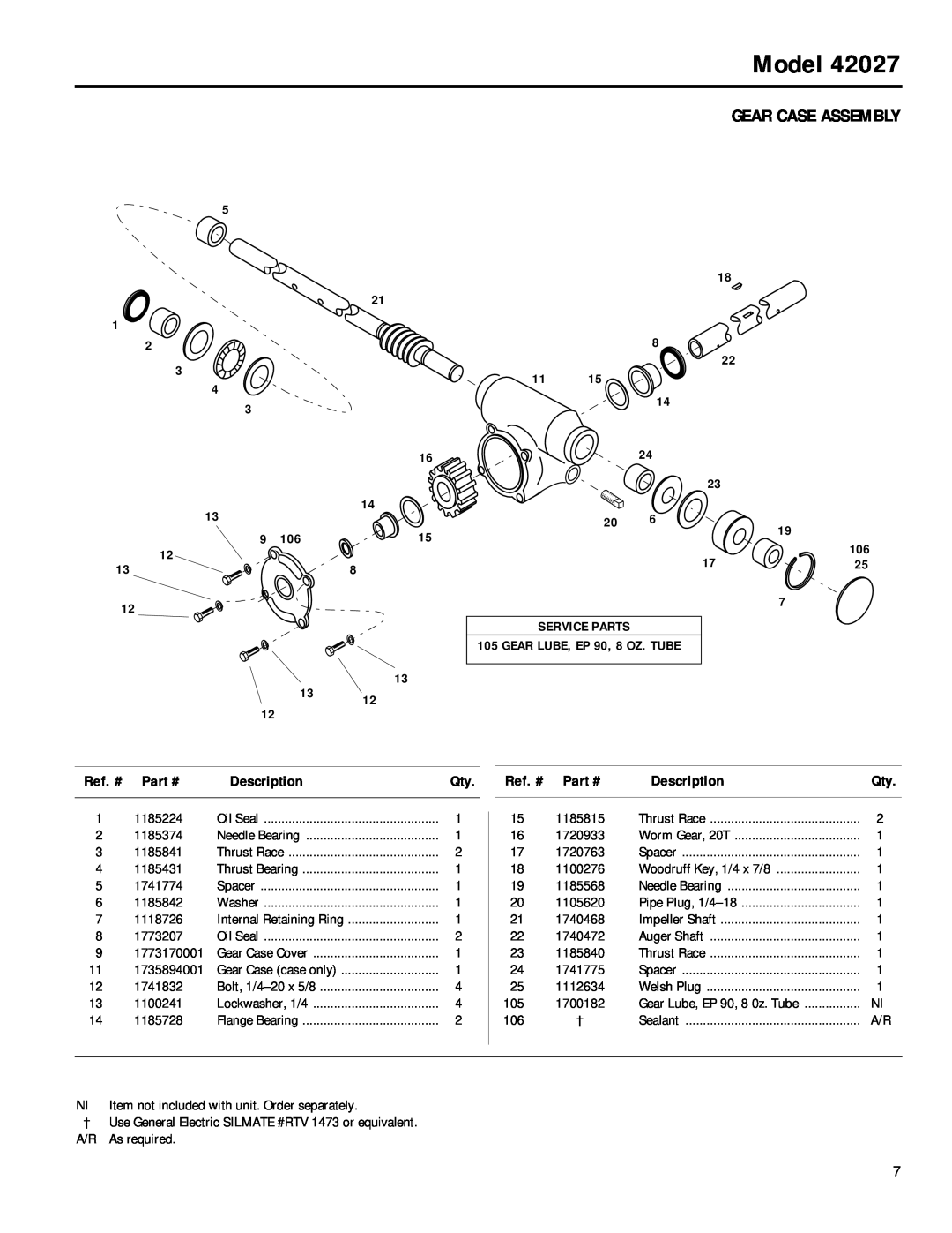 Troy-Bilt 42027 manual Gear Case Assembly, Model, Ref. #, Description, Service Parts, GEAR LUBE, EP 90, 8 OZ. TUBE 