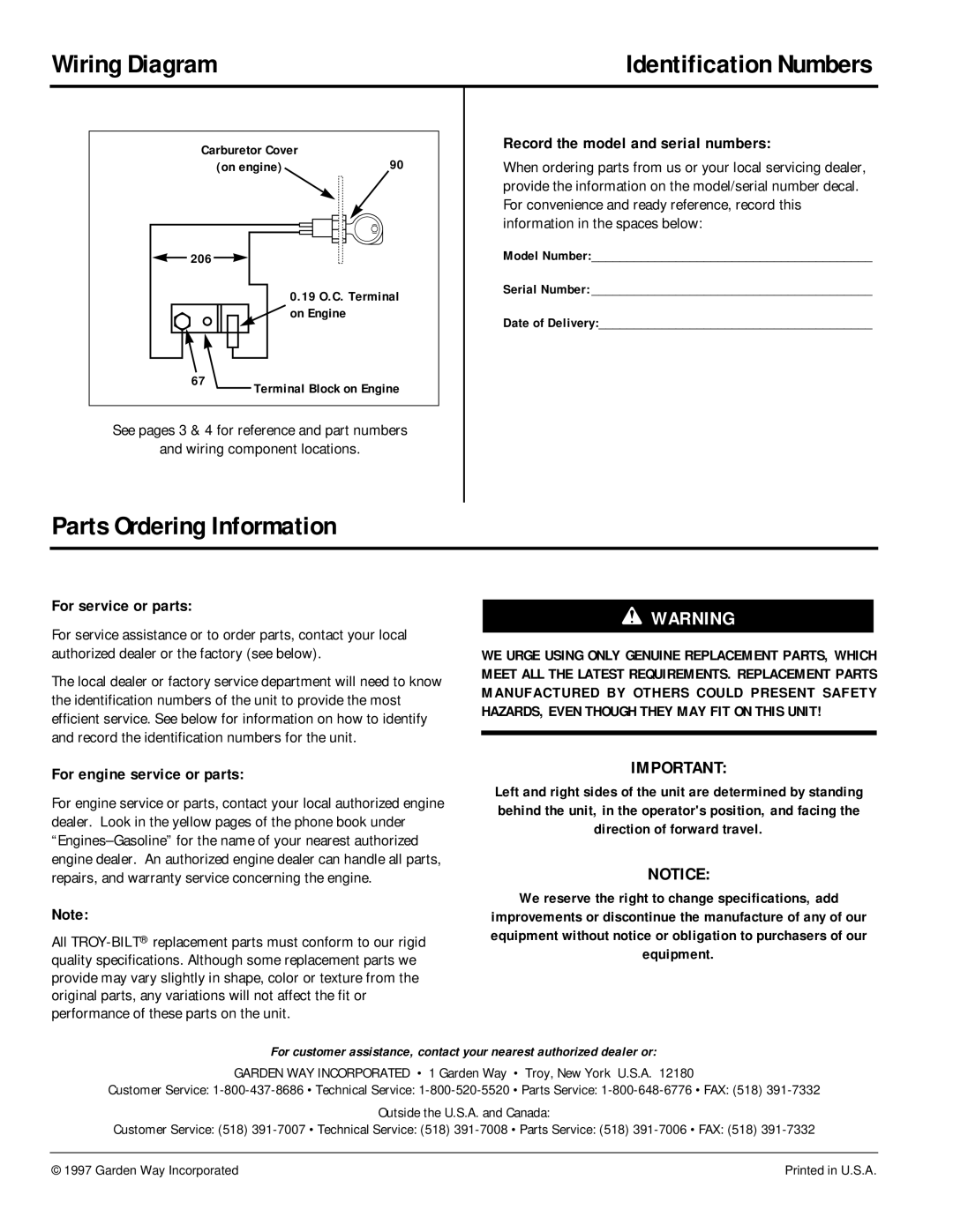 Troy-Bilt 42027 manual Wiring Diagram, Parts Ordering Information 