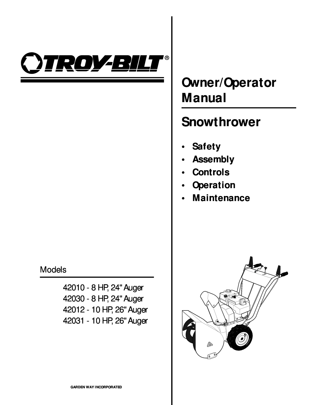 Troy-Bilt 42012, 42031, 42010 manual Snowthrower, Owner/Operator Manual, Safety Assembly Controls Operation Maintenance 