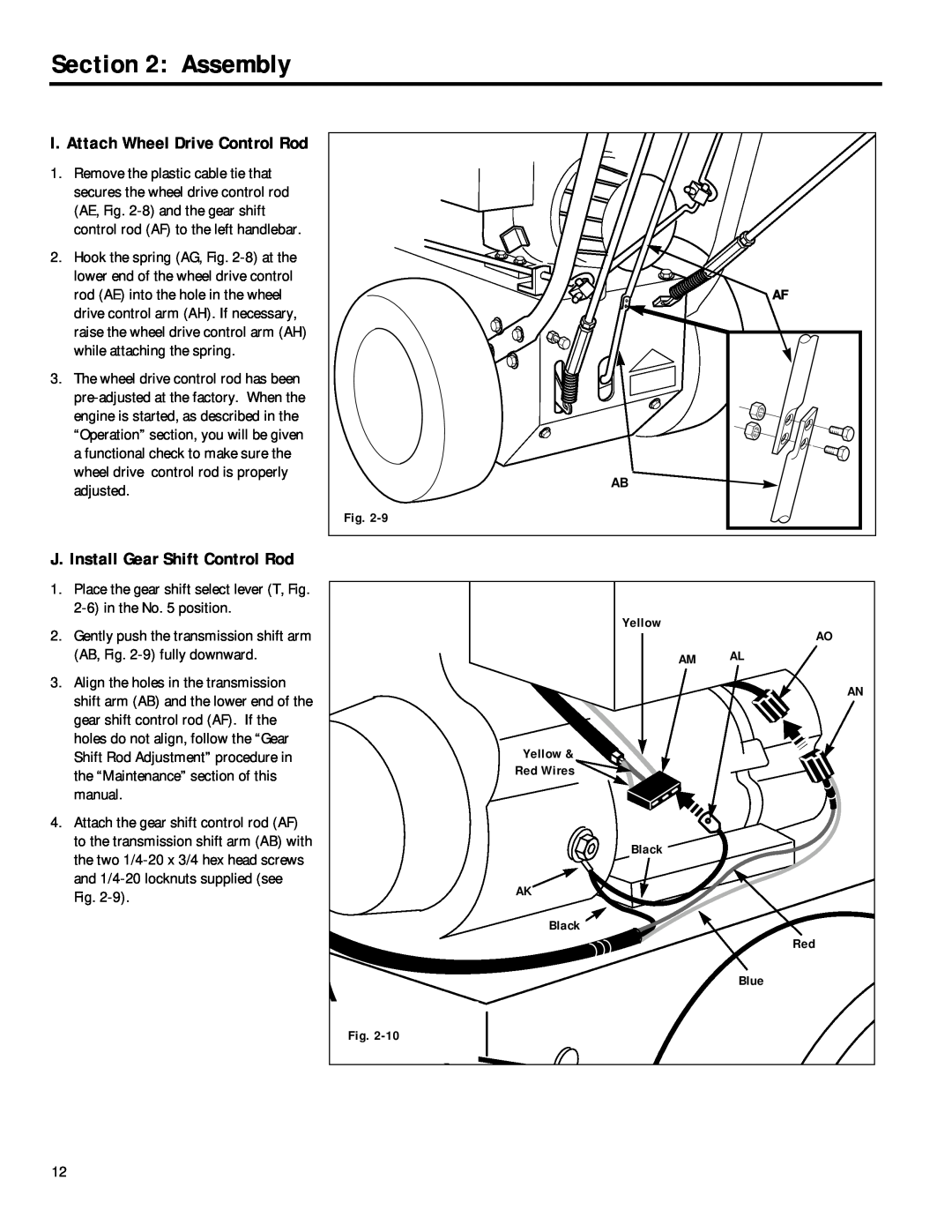 Troy-Bilt 42031, 42012, 42010, 42030 manual J. Install Gear Shift Control Rod, Assembly, I. Attach Wheel Drive Control Rod 