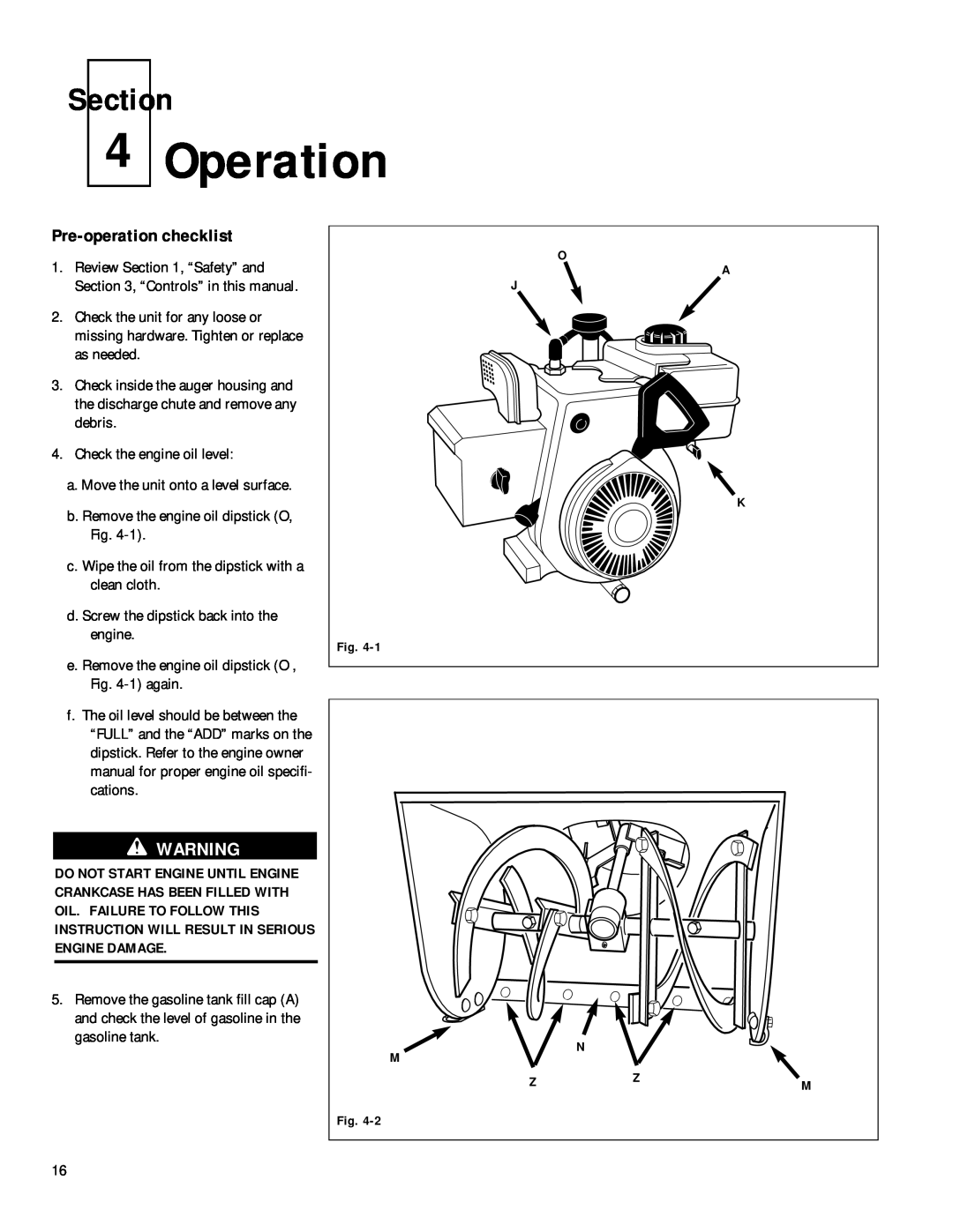 Troy-Bilt 42031, 42012, 42010, 42030 manual Operation, Pre-operation checklist, Section, Engine Damage 