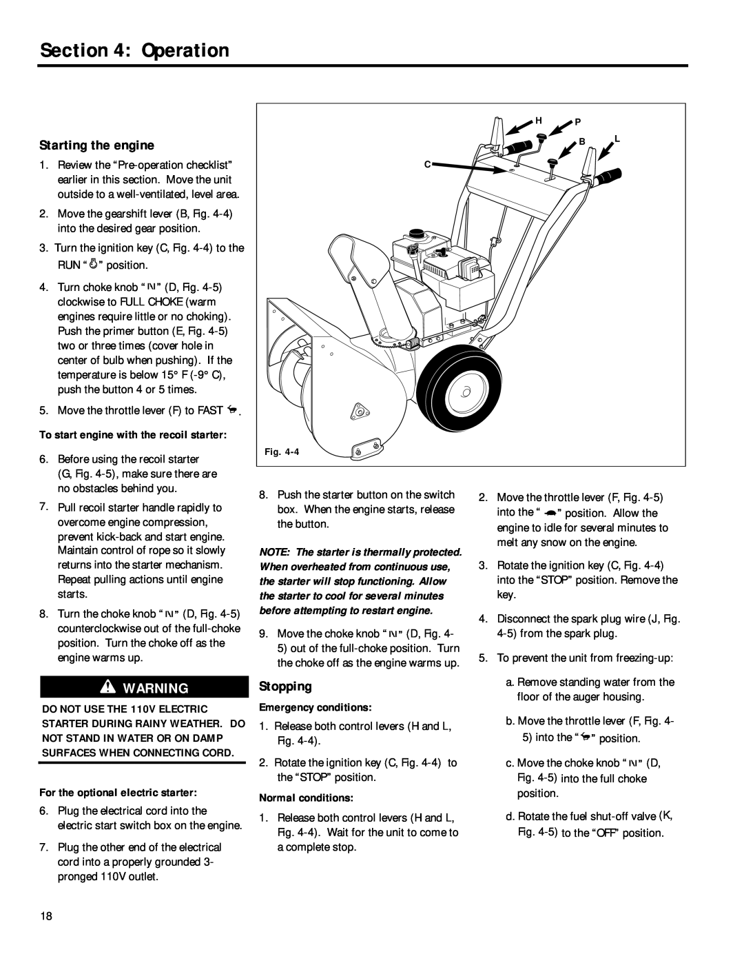 Troy-Bilt 42010 Starting the engine, Stopping, Operation, To start engine with the recoil starter, Emergency conditions 