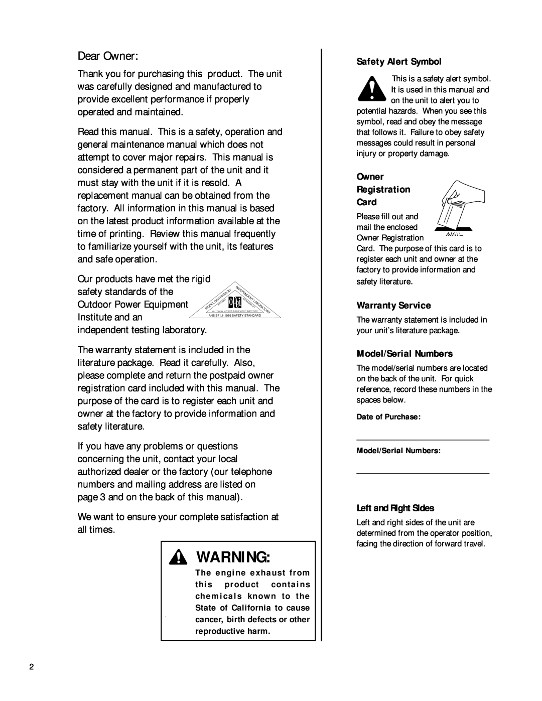 Troy-Bilt 42010 Safety Alert Symbol, Owner Registration Card, Warranty Service, Model/Serial Numbers, Left and Right Sides 
