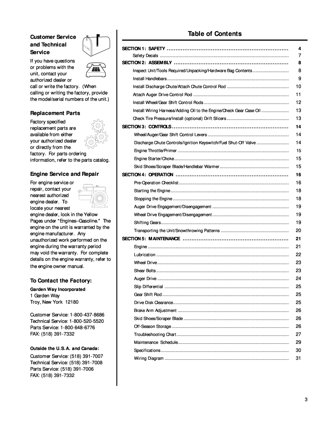 Troy-Bilt 42030 Table of Contents, Customer Service and Technical Service, Replacement Parts, Engine Service and Repair 