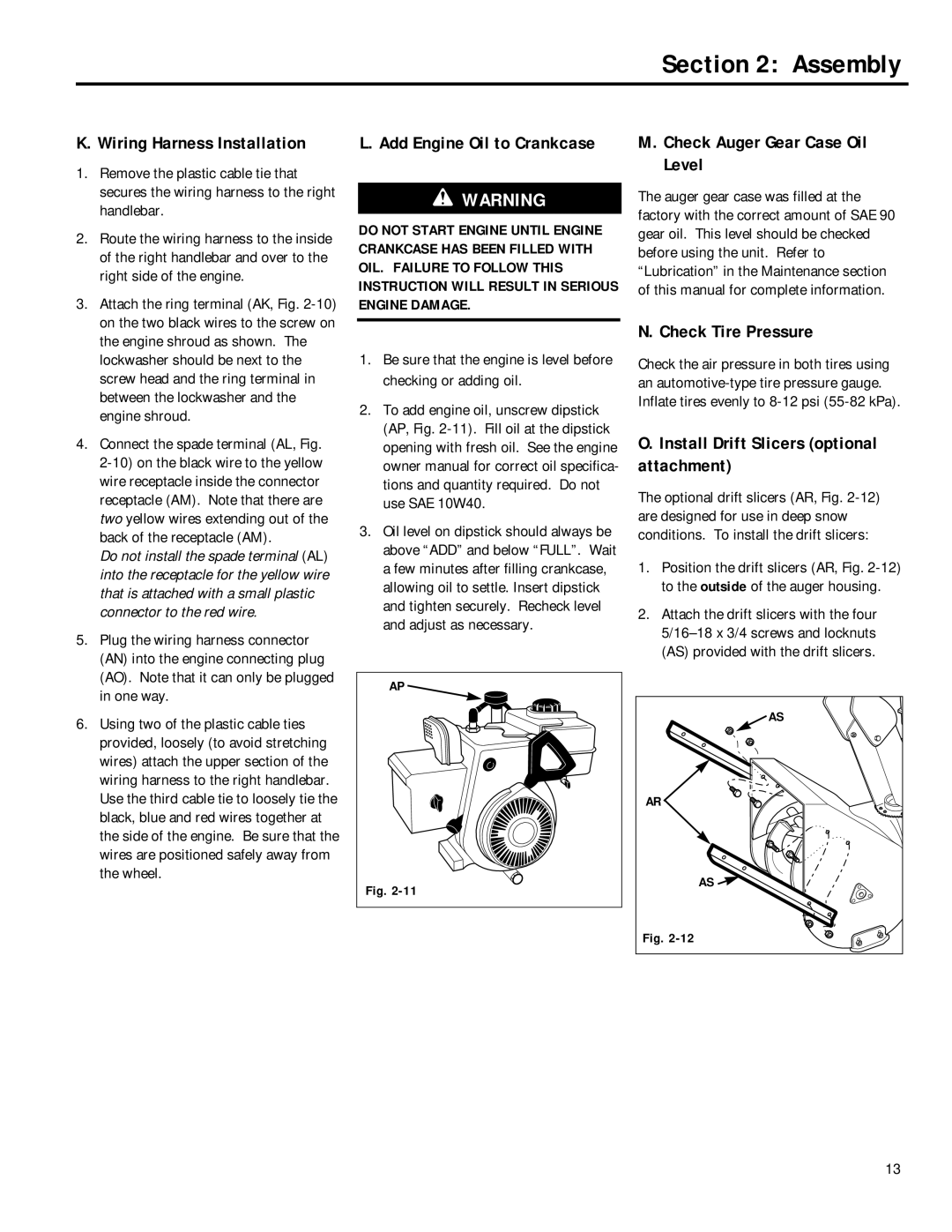 Troy-Bilt 42012, 42031, 42010 Wiring Harness Installation, Add Engine Oil to Crankcase, Check Auger Gear Case Oil Level 