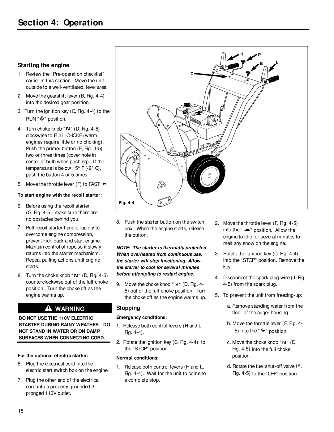 Troy-Bilt 42010, 42031, 42012, 42030 manual Starting the engine, Stopping 