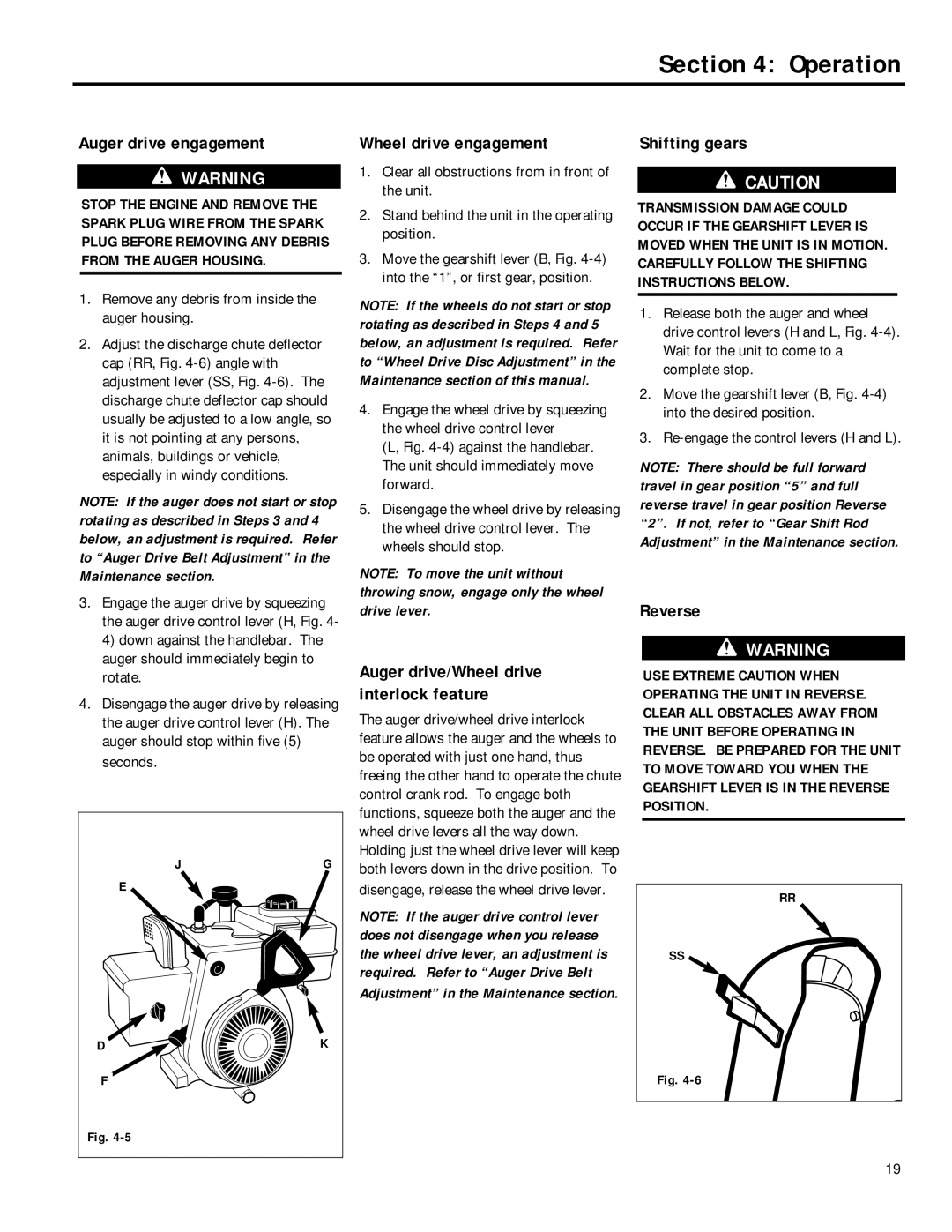 Troy-Bilt 42030, 42031, 42012, 42010 manual Auger drive engagement, Wheel drive engagement, Shifting gears, Reverse, Seconds 