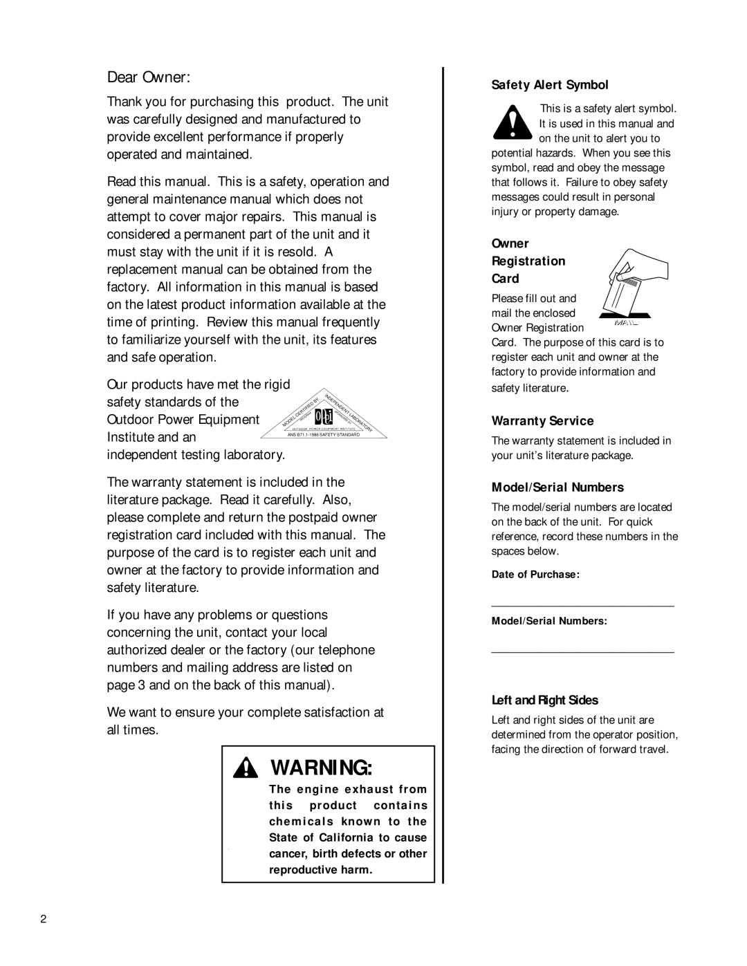 Troy-Bilt 42010 Safety Alert Symbol, Owner Registration Card, Warranty Service, Model/Serial Numbers, Left and Right Sides 