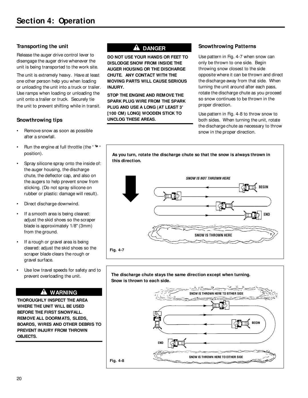 Troy-Bilt 42031, 42012, 42010, 42030 manual Transporting the unit, Snowthrowing tips, Snowthrowing Patterns 