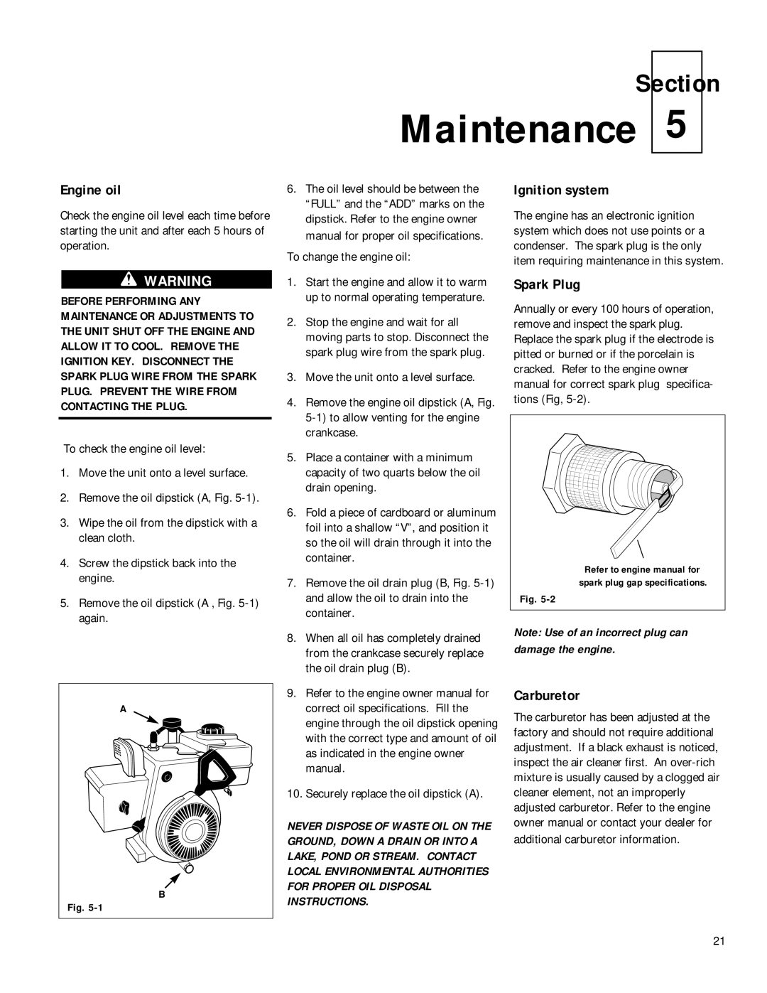 Troy-Bilt 42012, 42031, 42010, 42030 manual Maintenance, Engine oil, Ignition system, Spark Plug, Carburetor 