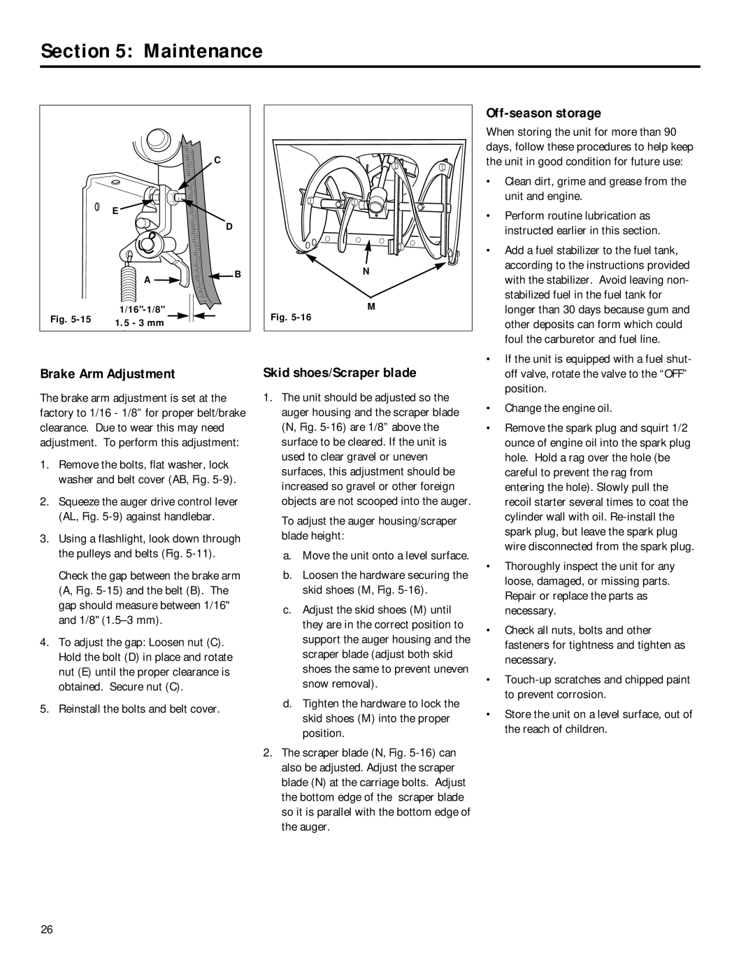 Troy-Bilt 42010 Brake Arm Adjustment, Skid shoes/Scraper blade, Off-season storage, Reinstall the bolts and belt cover 