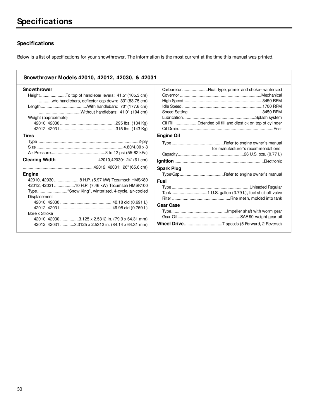 Troy-Bilt 42031 manual Specifications, Snowthrower Models 42010, 42012, 42030 