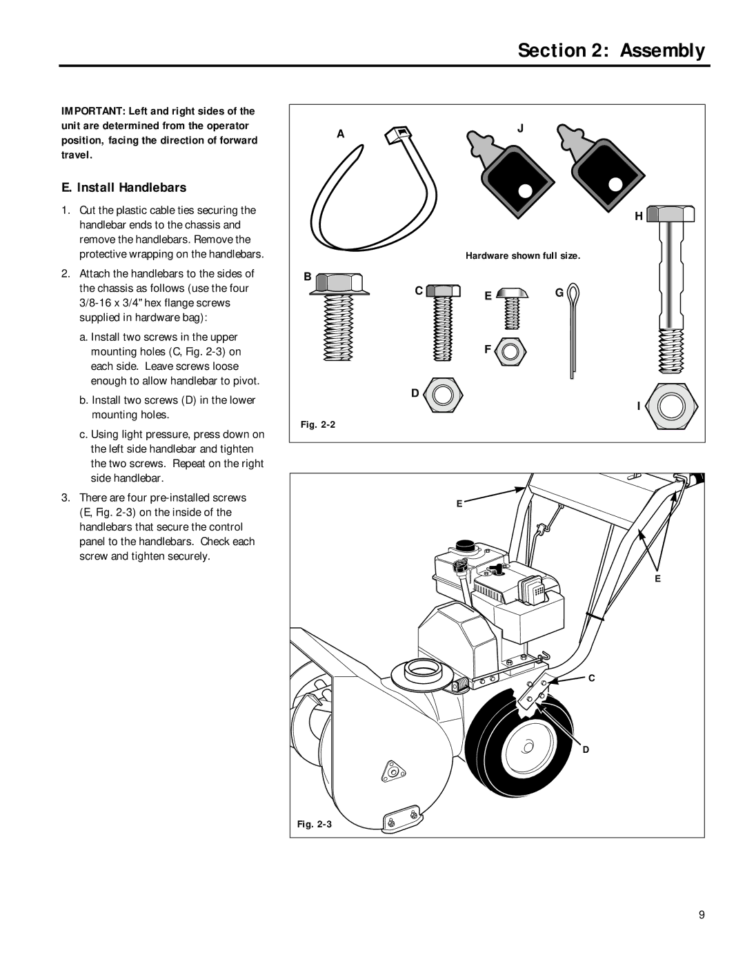 Troy-Bilt 42012, 42031, 42010, 42030 manual Assembly, Install Handlebars 