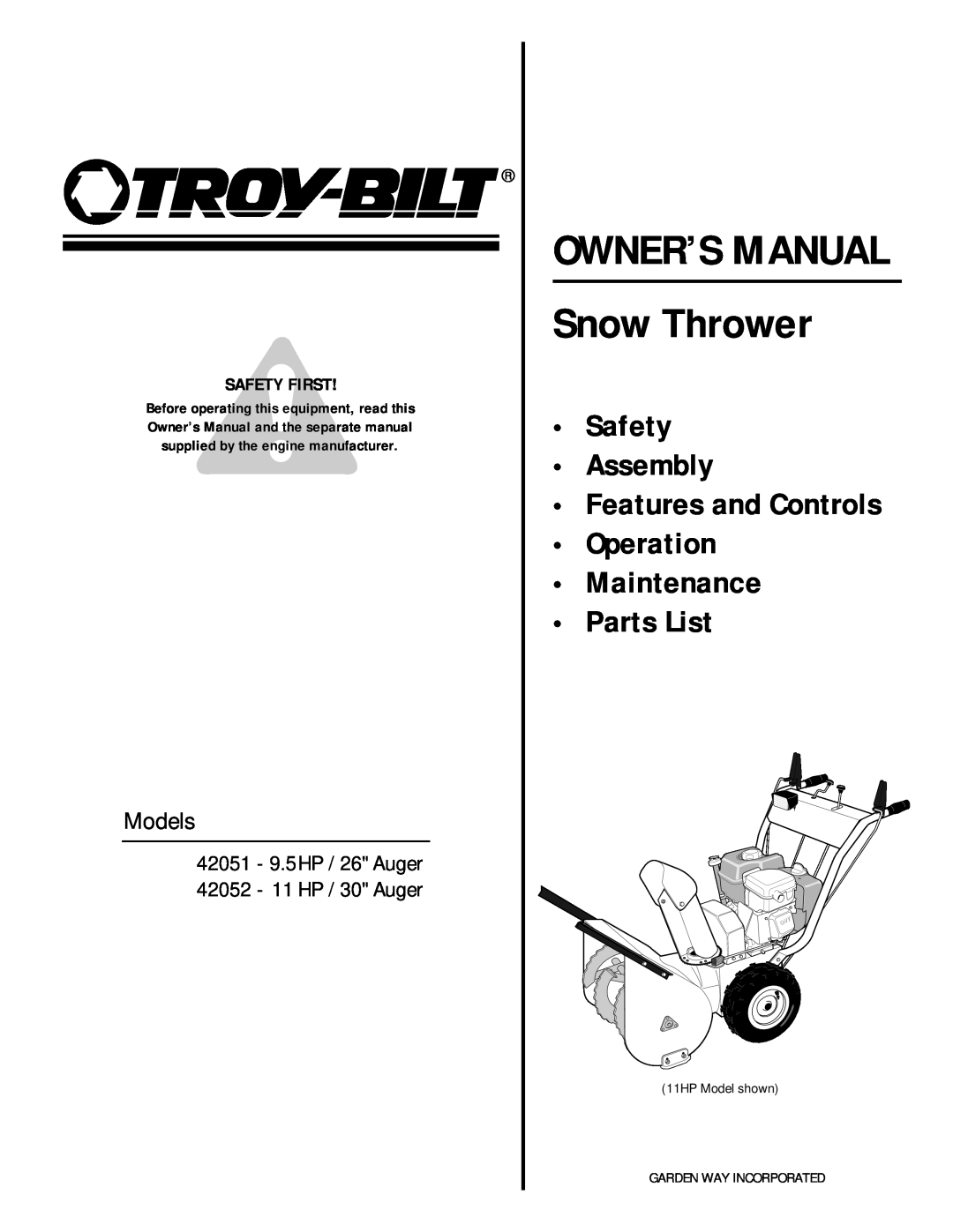 Troy-Bilt 42051 owner manual Safety Assembly Features and Controls Operation Maintenance, Parts List, Safety First, Models 