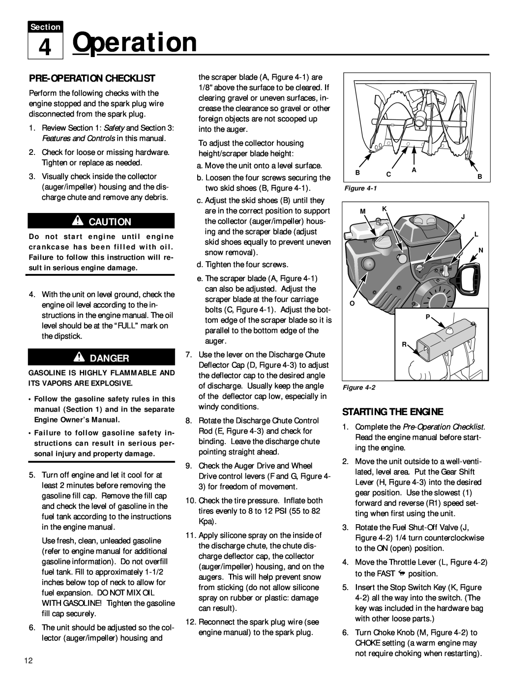 Troy-Bilt 42052, 42051 owner manual Pre-Operation Checklist, Starting The Engine, Danger, Section 