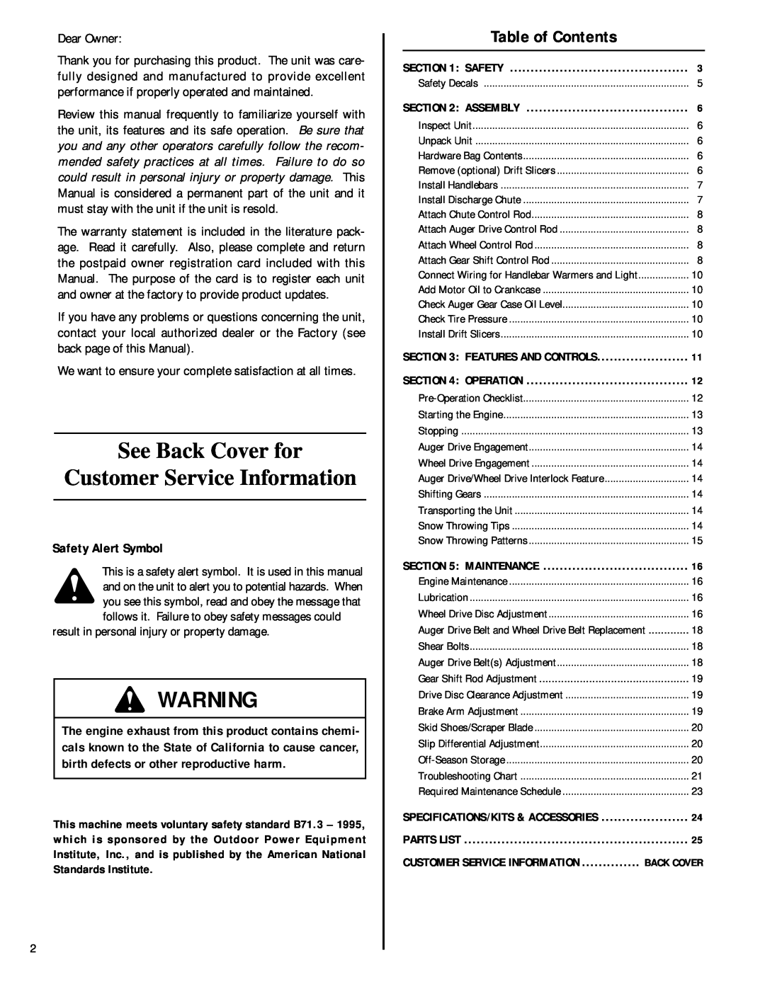 Troy-Bilt 42052, 42051 Safety Alert Symbol, Parts List, See Back Cover for Customer Service Information, Table of Contents 