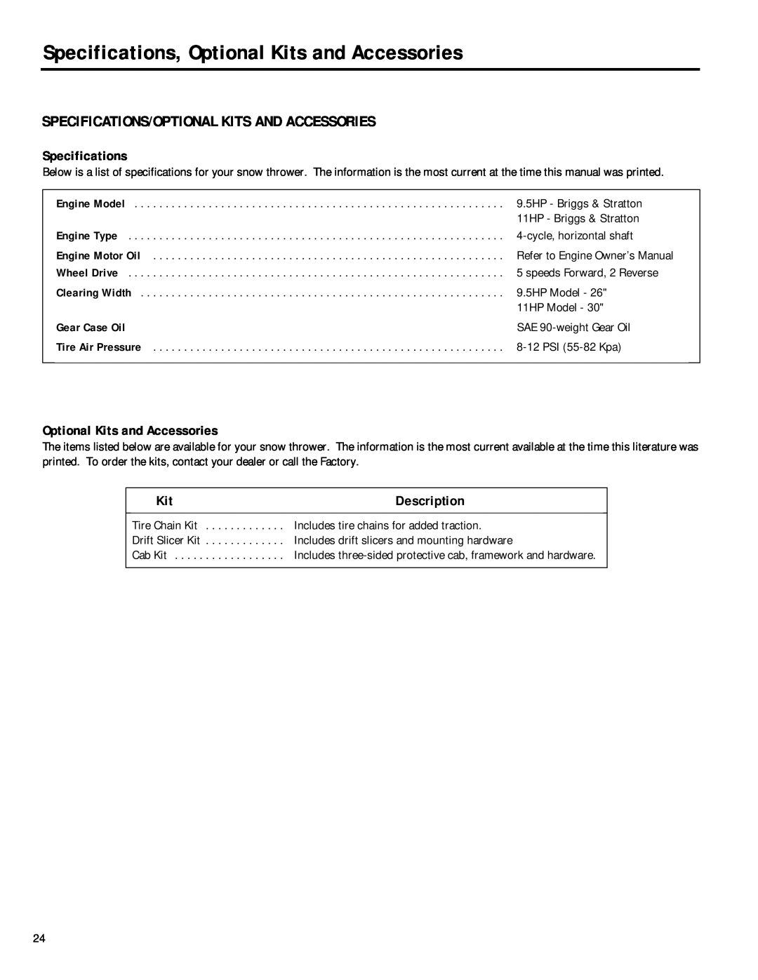 Troy-Bilt 42052 Specifications, Optional Kits and Accessories, Specifications/Optional Kits And Accessories, Description 