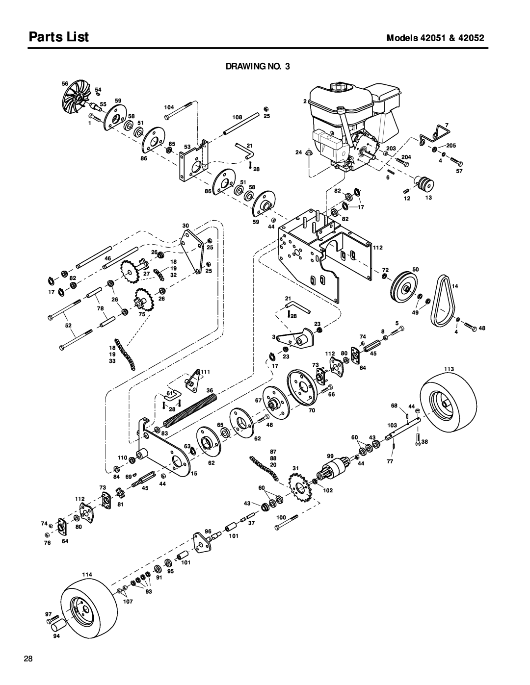 Troy-Bilt 42052, 42051 owner manual Parts List, Models, Drawing No 