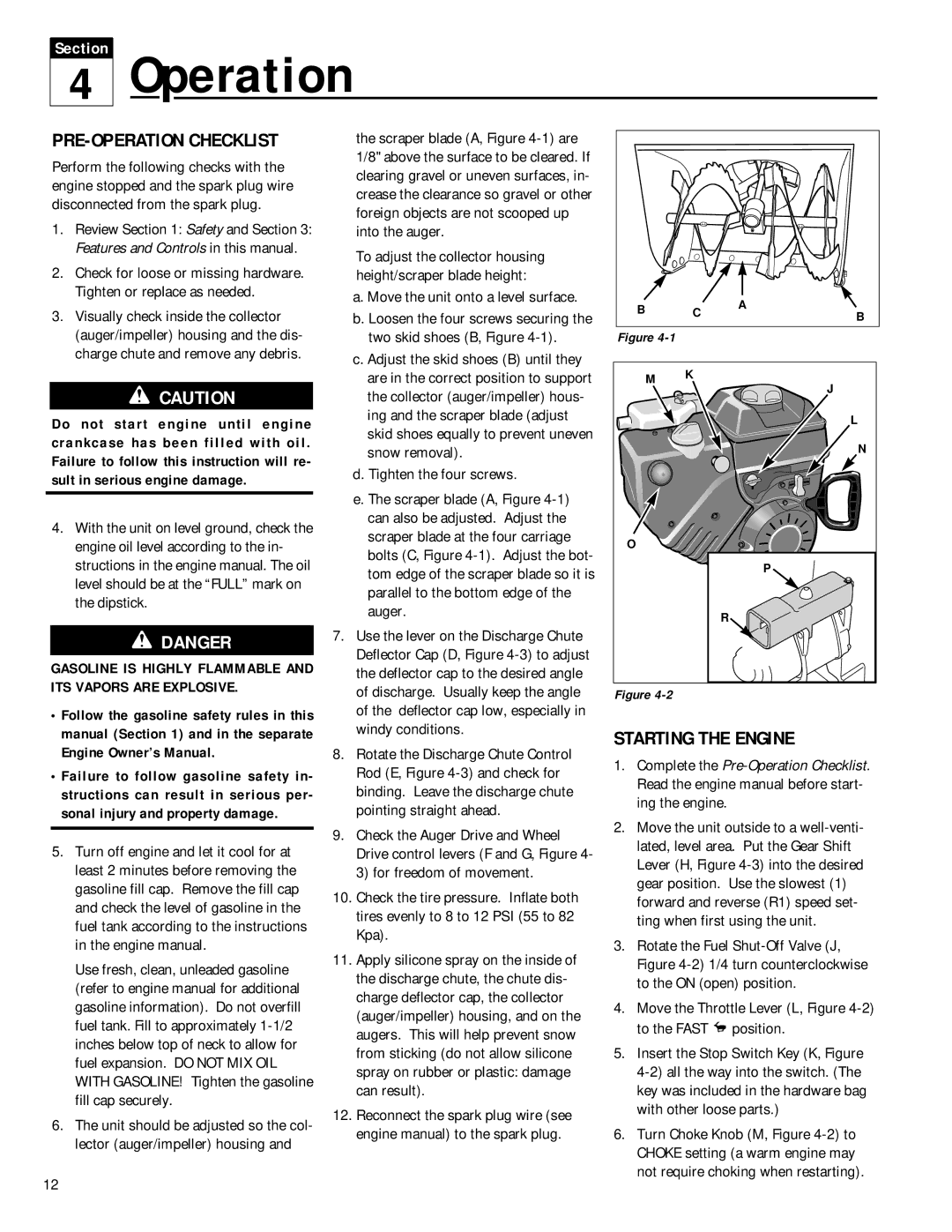 Troy-Bilt 42052, 42051 owner manual Operation, PRE-OPERATION Checklist, Starting the Engine 