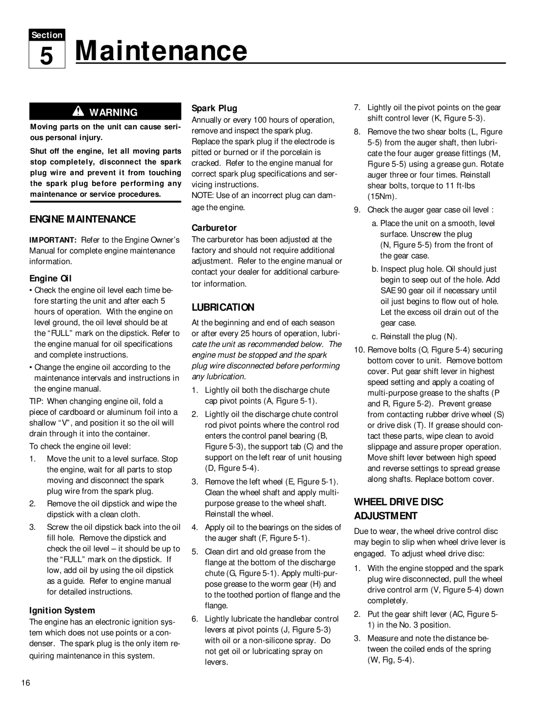 Troy-Bilt 42052, 42051 owner manual Engine Maintenance, Lubrication, Wheel Drive Disc Adjustment 