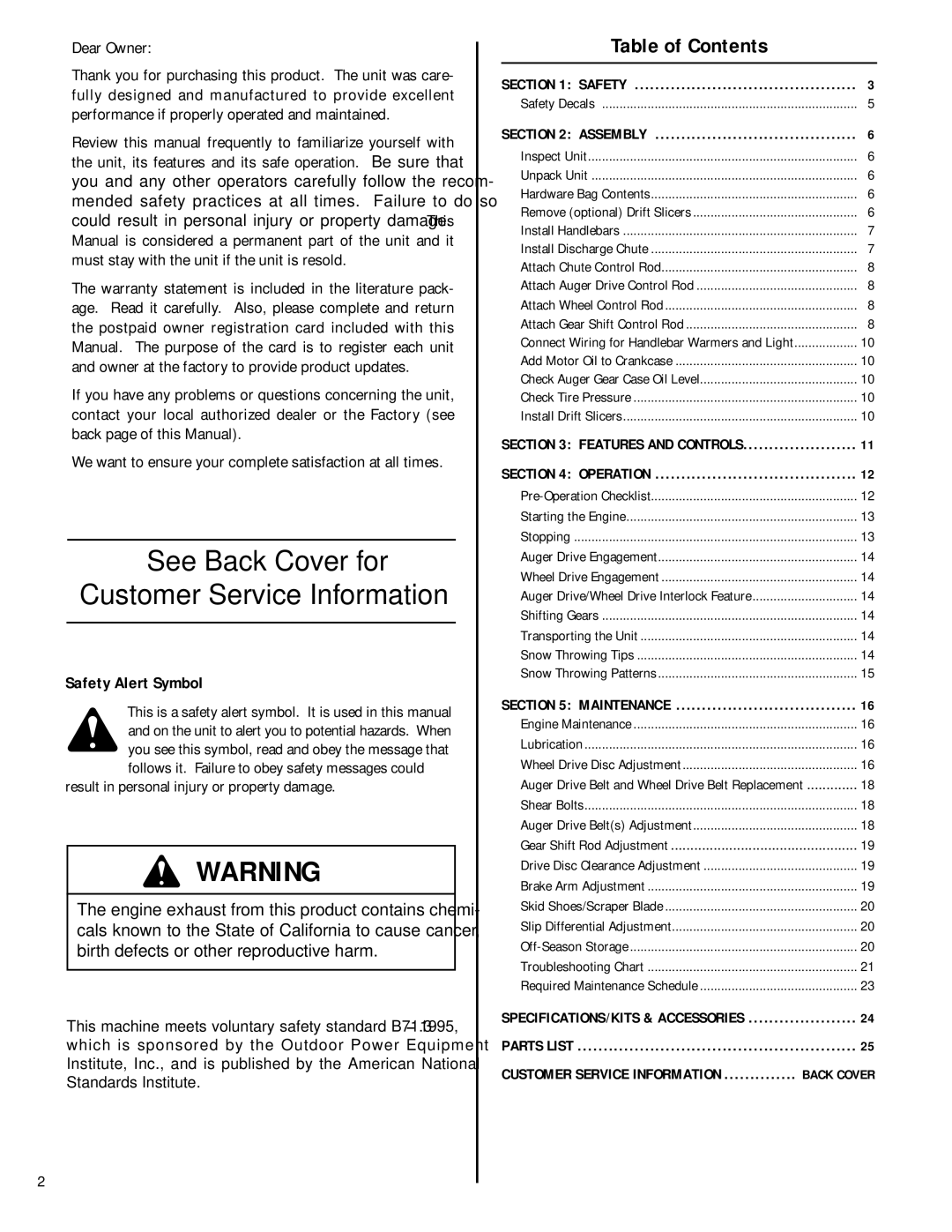 Troy-Bilt 42052, 42051 owner manual See Back Cover for Customer Service Information 