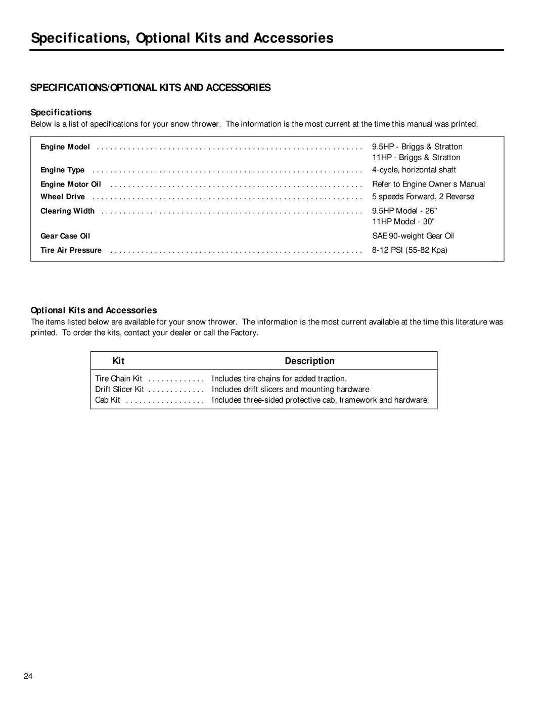 Troy-Bilt 42052 Specifications, Optional Kits and Accessories, SPECIFICATIONS/OPTIONAL Kits and Accessories, Gear Case Oil 