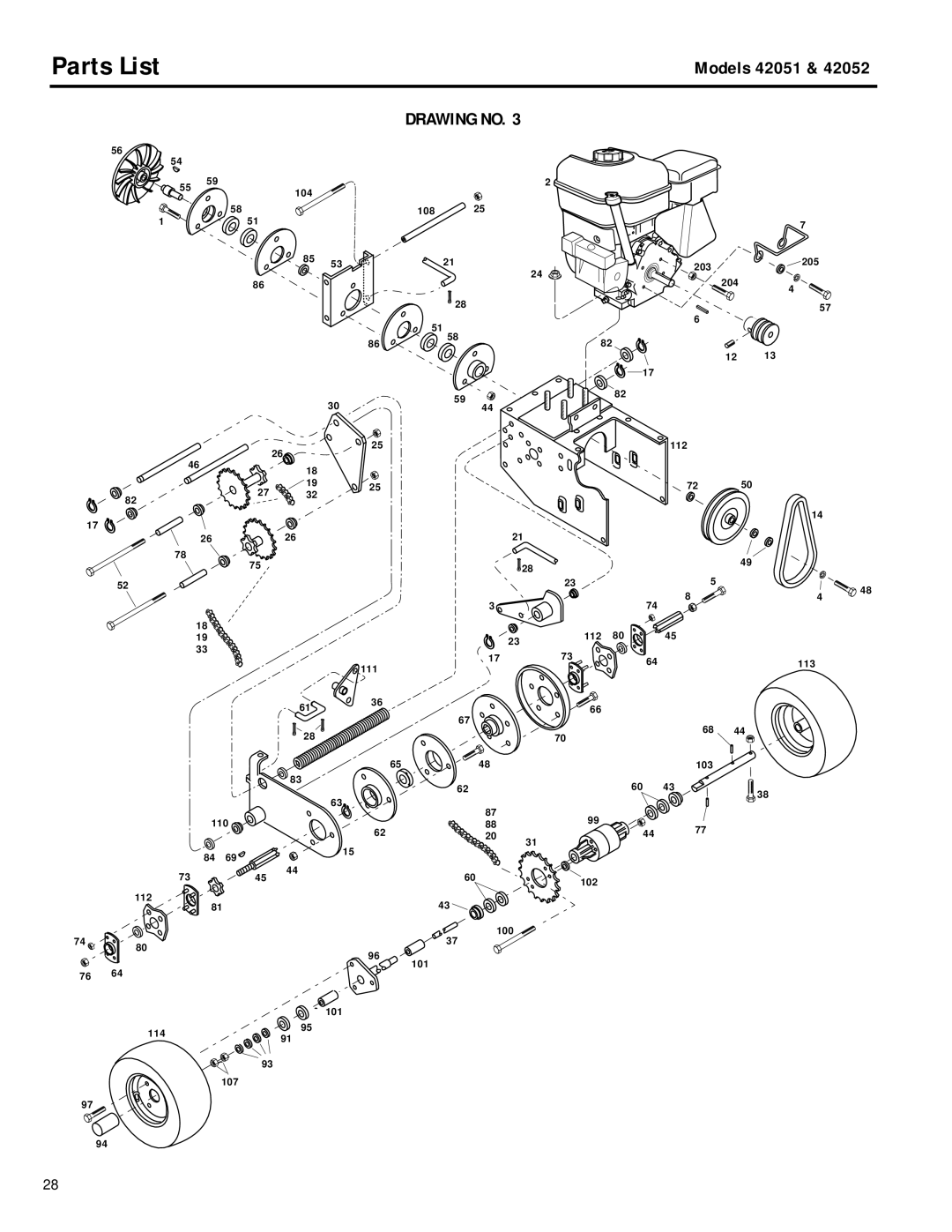 Troy-Bilt 42052, 42051 owner manual 104 108 203 205 204 112 111 113 110 