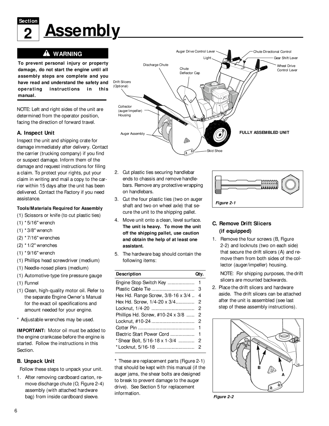 Troy-Bilt 42052, 42051 owner manual Assembly, Inspect Unit, Unpack Unit, Description, Remove Drift Slicers if equipped 