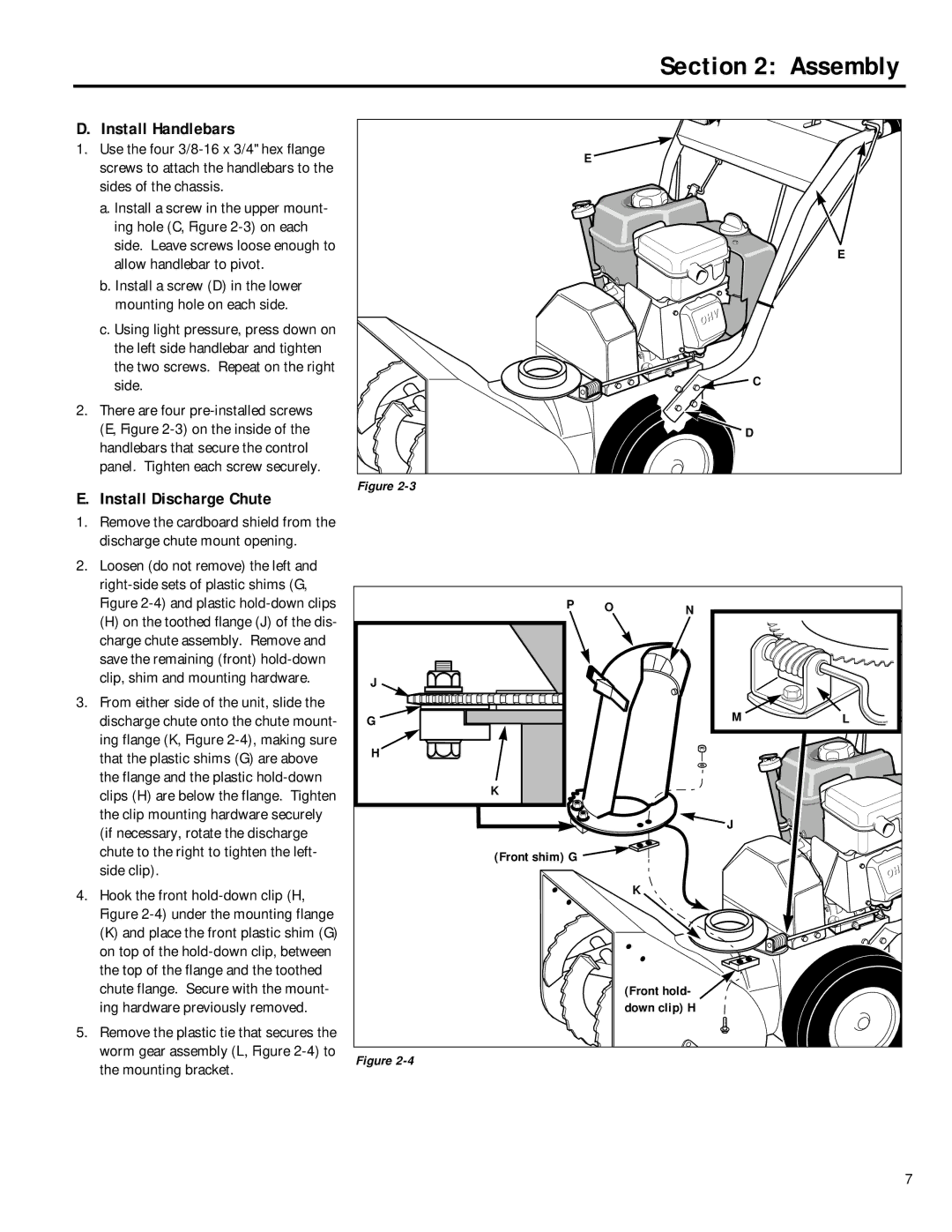 Troy-Bilt 42051, 42052 owner manual Assembly, Install Handlebars, Install Discharge Chute 