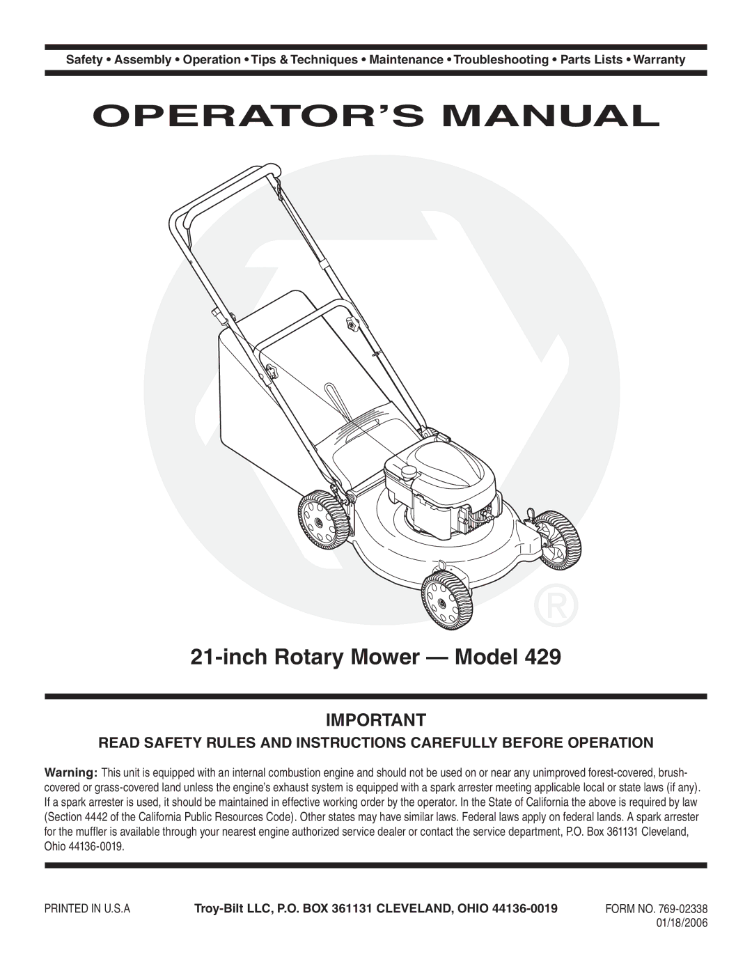 Troy-Bilt 429 warranty OPERATOR’S Manual, Inch Rotary Mower Model 