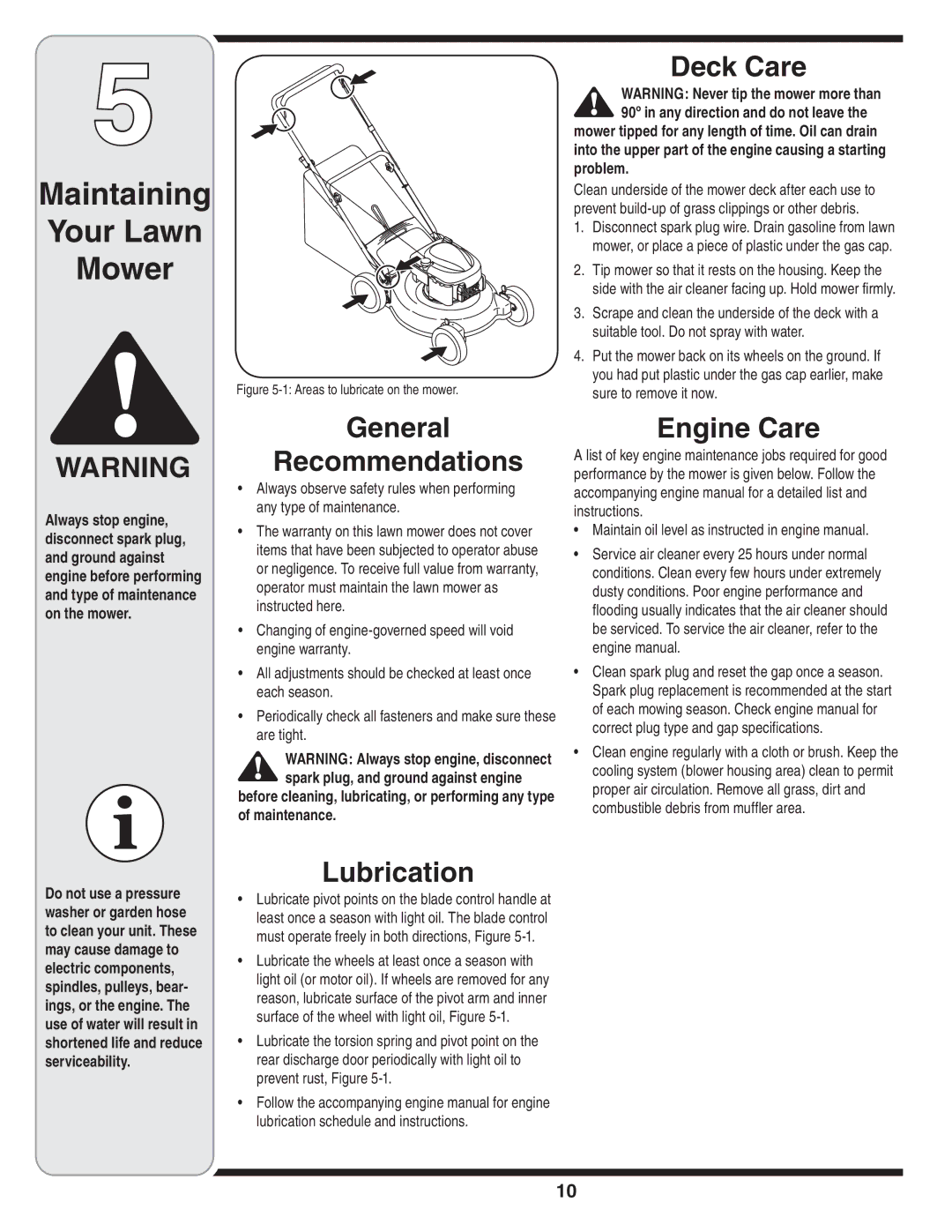 Troy-Bilt 429 warranty Maintaining Your Lawn Mower, General Recommendations, Lubrication, Deck Care, Engine Care 