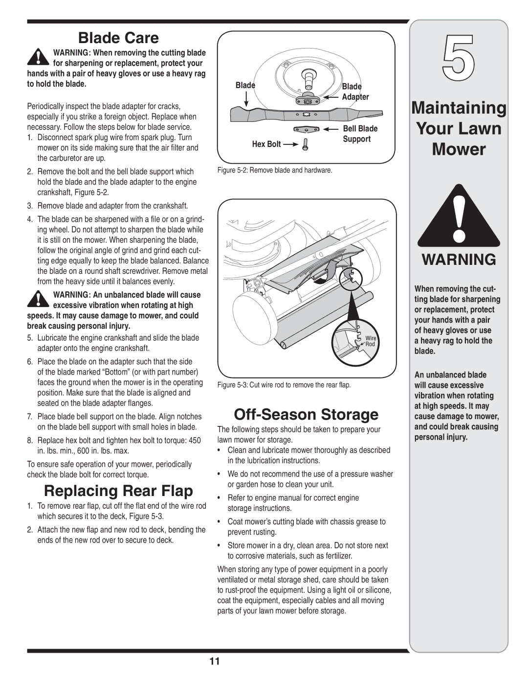 Troy-Bilt 429 warranty Blade Care, Replacing Rear Flap, Off-Season Storage 