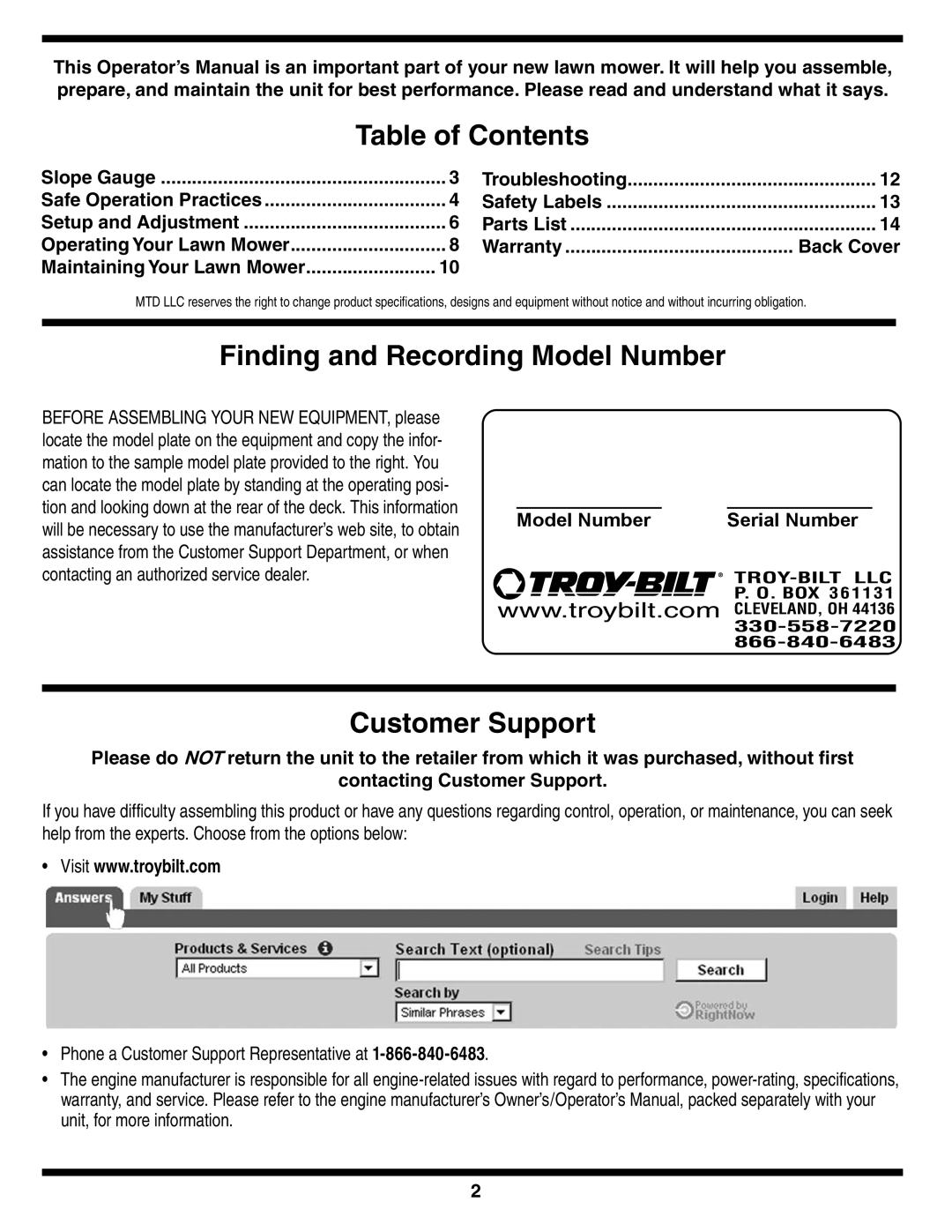 Troy-Bilt 429 warranty Table of Contents, Finding and Recording Model Number, Customer Support 