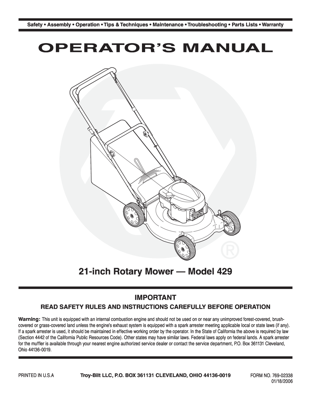 Troy-Bilt 429 warranty Operator’S Manual, inch Rotary Mower - Model, Printed In U.S.A, 01/18/2006 