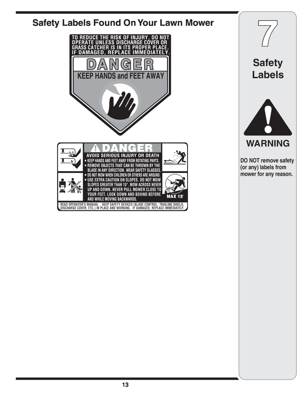 Troy-Bilt 429 Safety Labels Found On Your Lawn Mower, DO NOT remove safety or any labels from mower for any reason 