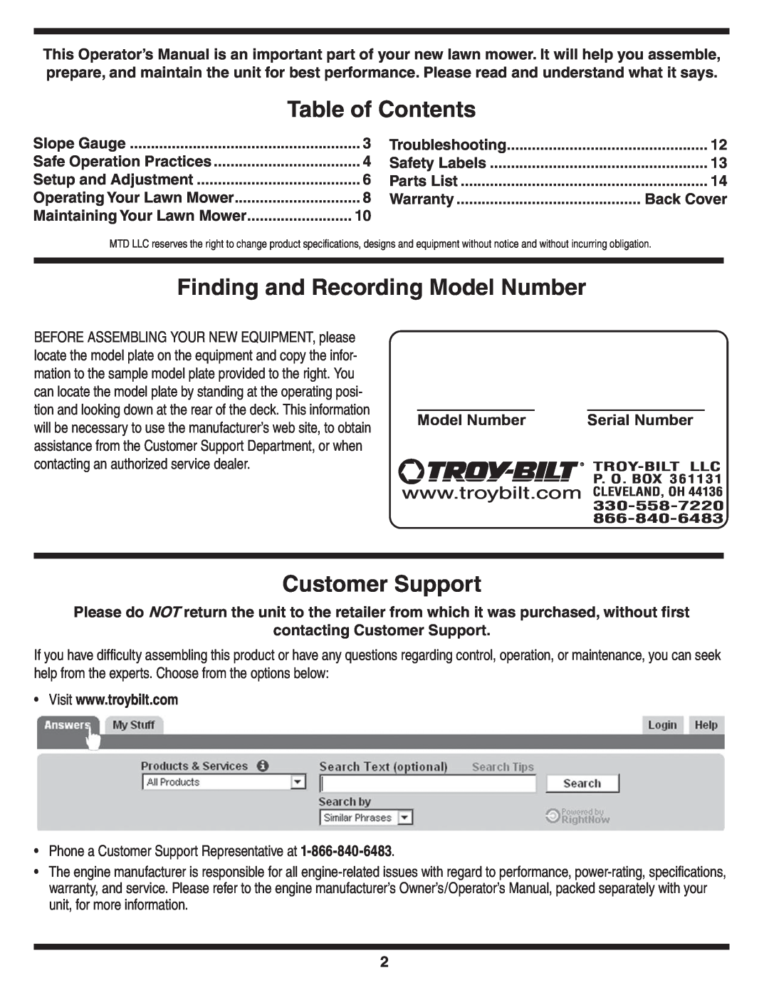Troy-Bilt 429 Table of Contents, Finding and Recording Model Number, Customer Support, Slope Gauge, Setup and Adjustment 