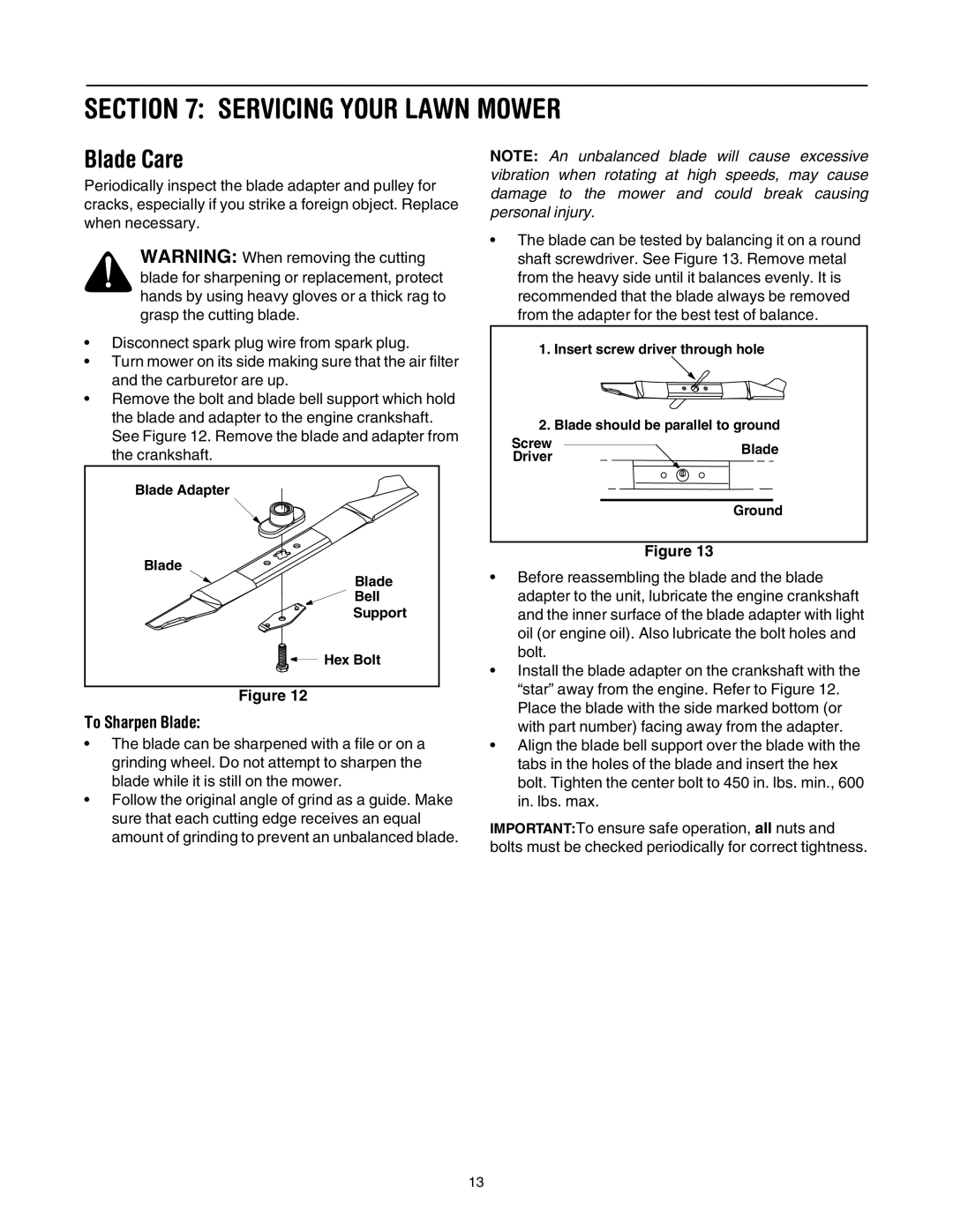 Troy-Bilt 430 Series manual Servicing Your Lawn Mower, Blade Care, To Sharpen Blade 