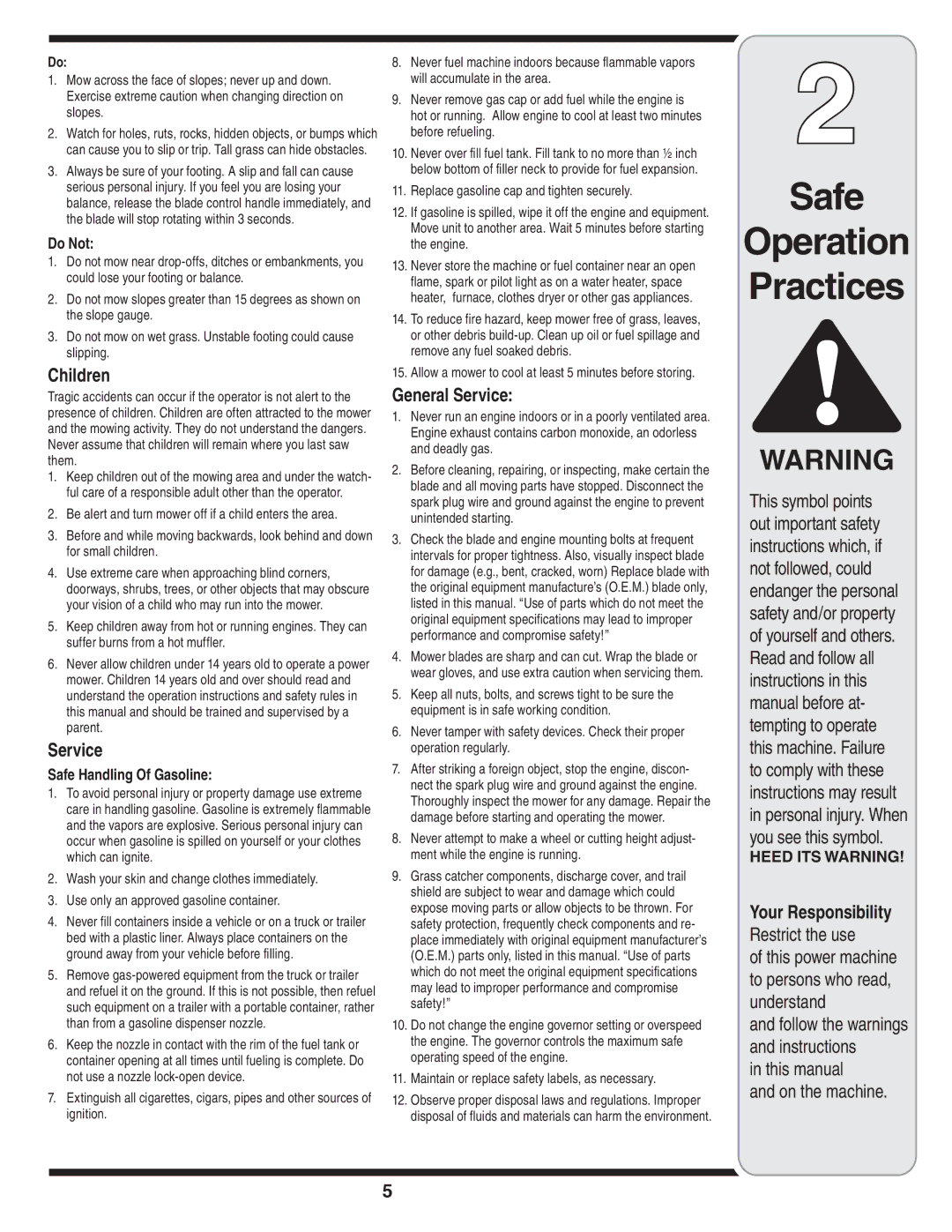 Troy-Bilt 430 warranty Safe Operation Practices, Children, General Service 