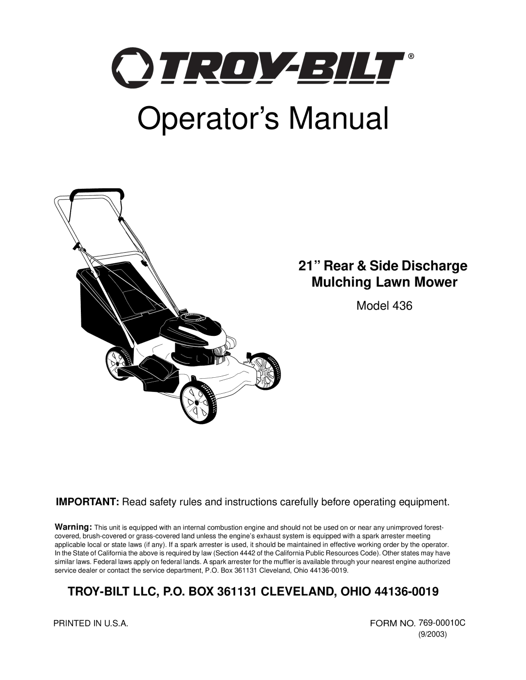 Troy-Bilt 436 manual Operator’s Manual, Rear & Side Discharge Mulching Lawn Mower 