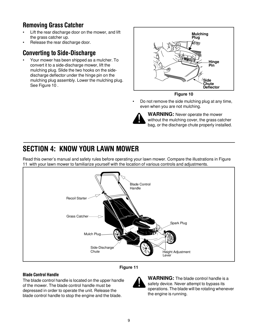 Troy-Bilt 436 manual Know Your Lawn Mower, Removing Grass Catcher, Converting to Side-Discharge, Blade Control Handle 