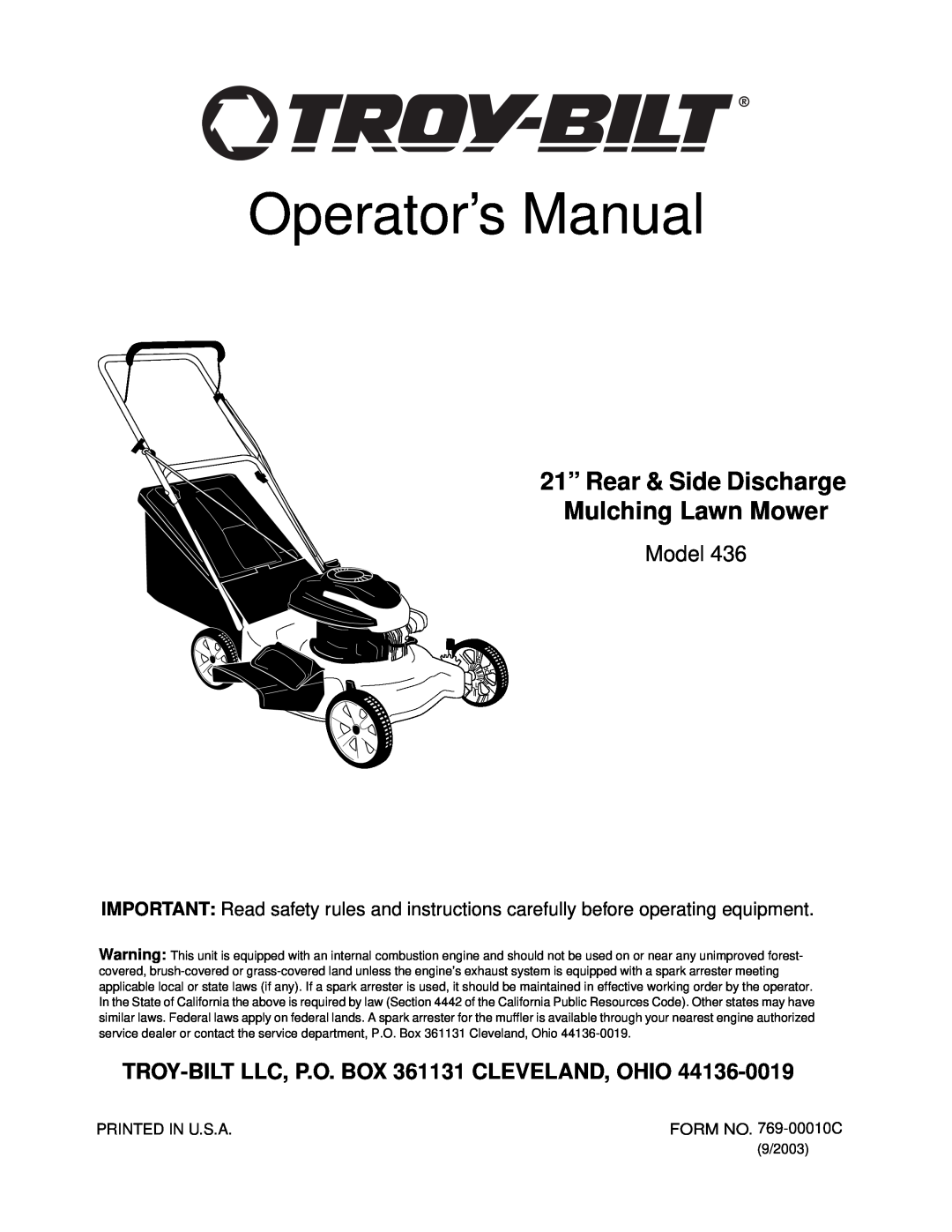Troy-Bilt 436 manual Operator’s Manual, 21” Rear & Side Discharge Mulching Lawn Mower, Model 