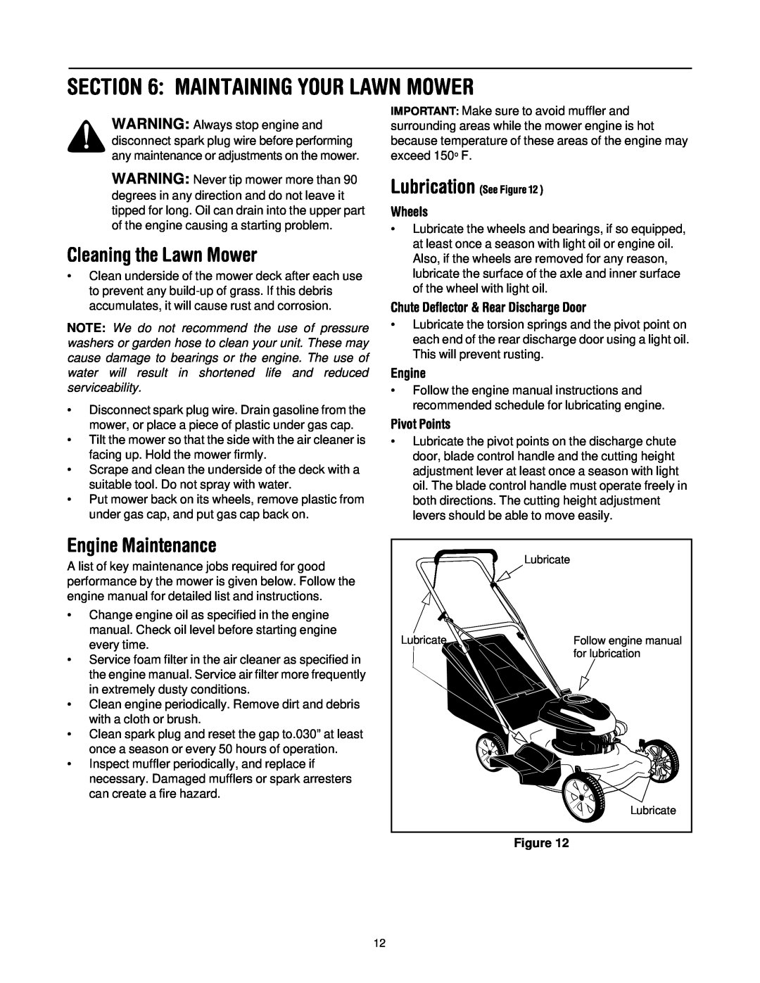 Troy-Bilt 436 manual Maintaining Your Lawn Mower, Cleaning the Lawn Mower, Engine Maintenance, Wheels, Pivot Points 