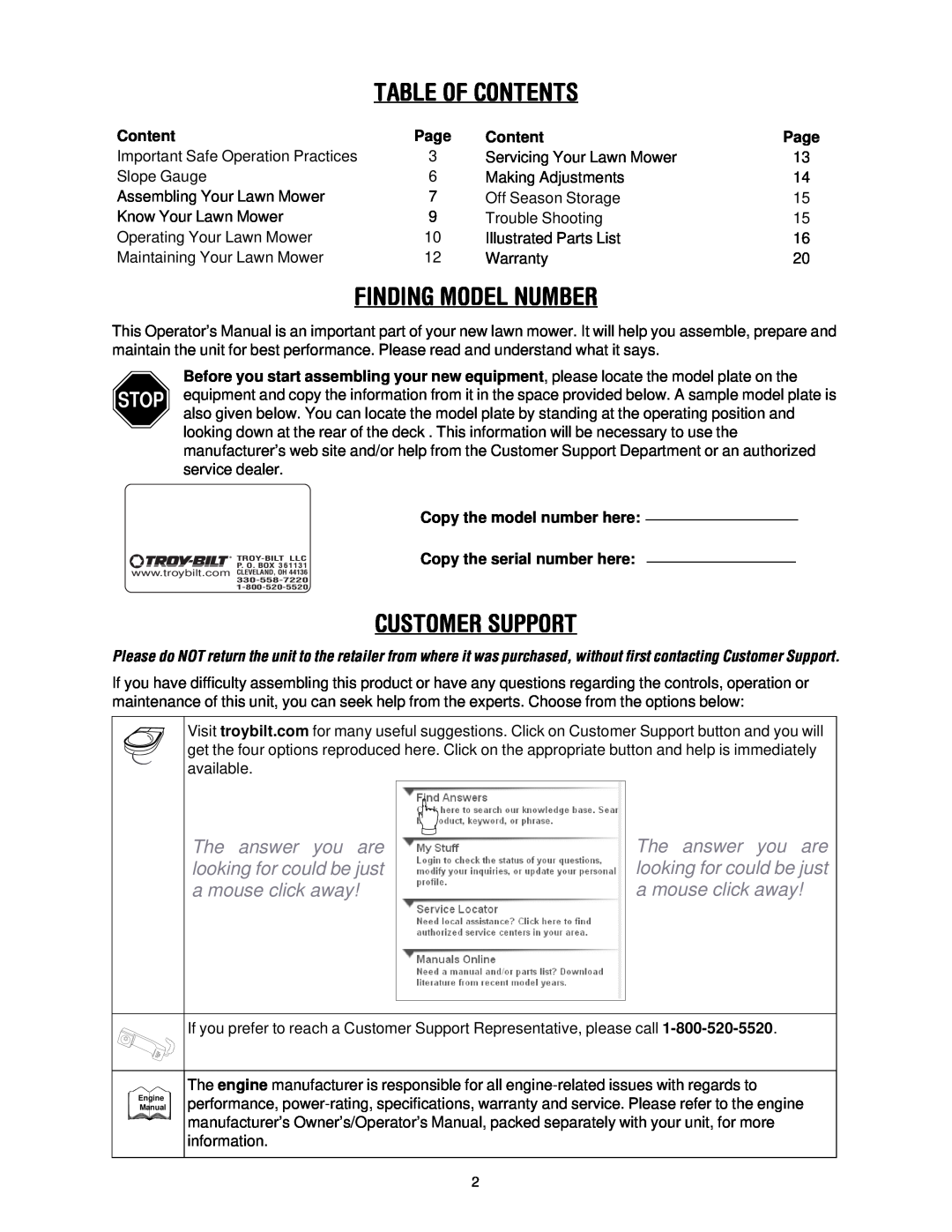 Troy-Bilt 436 manual Table Of Contents, Finding Model Number, Customer Support, Page, Copy the model number here 