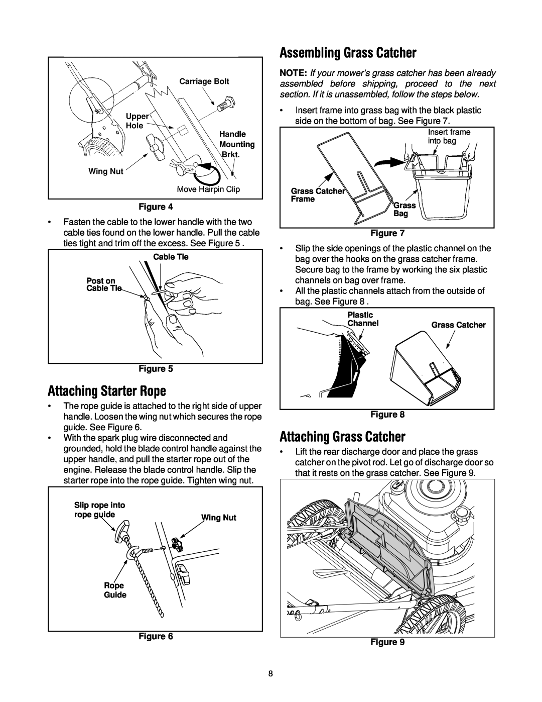 Troy-Bilt 436 manual Attaching Starter Rope, Assembling Grass Catcher, Attaching Grass Catcher 
